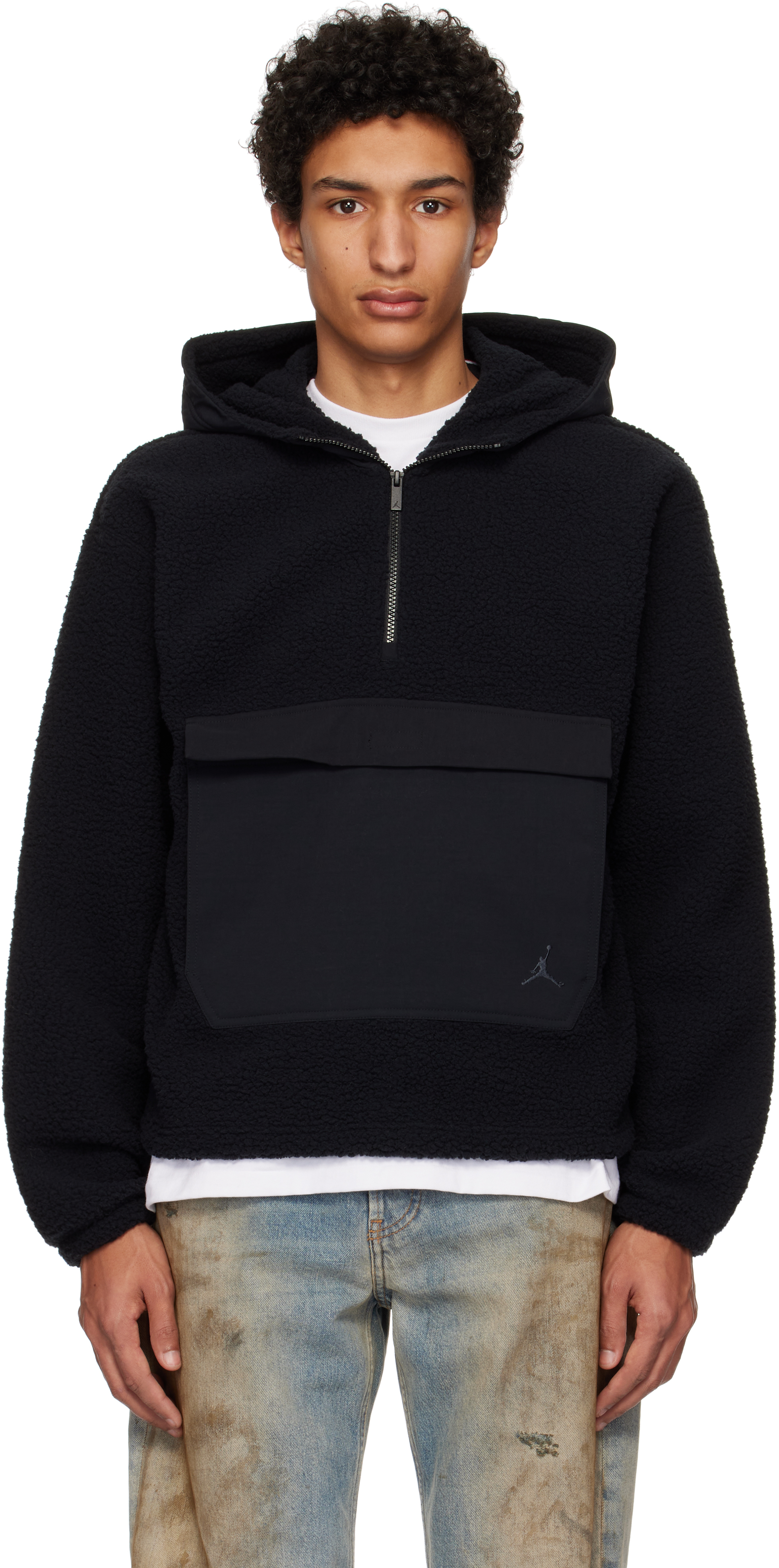 Black High-Pile Fleece Pullover Hoodie