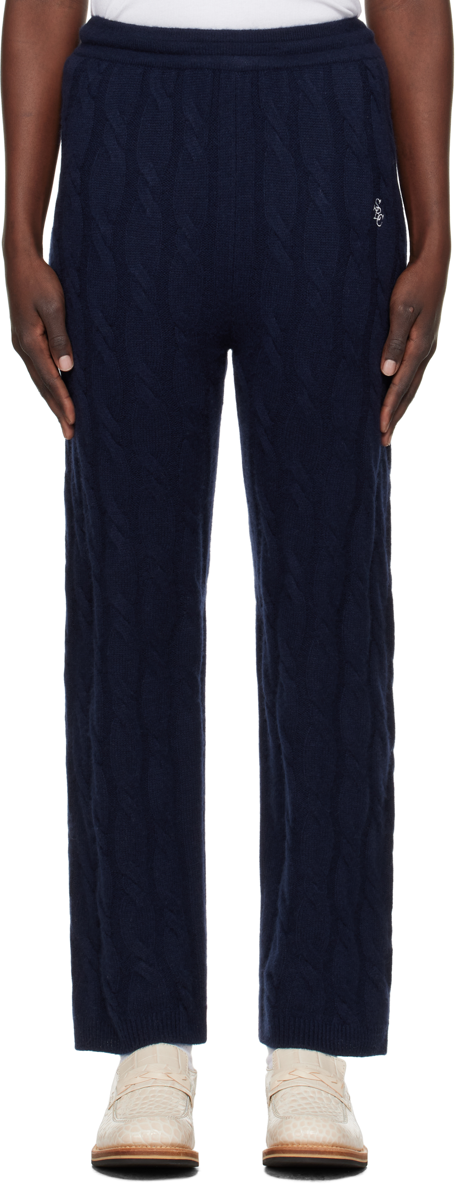 Navy 'SRC' Cableknit Cashmere Trousers