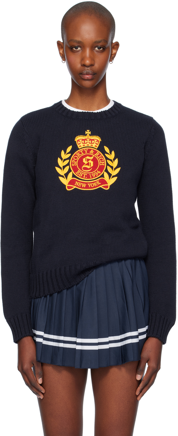 Shop Sporty And Rich Navy Ny Crest Knitted Crewneck Sweater In 31 Navy Gold/red