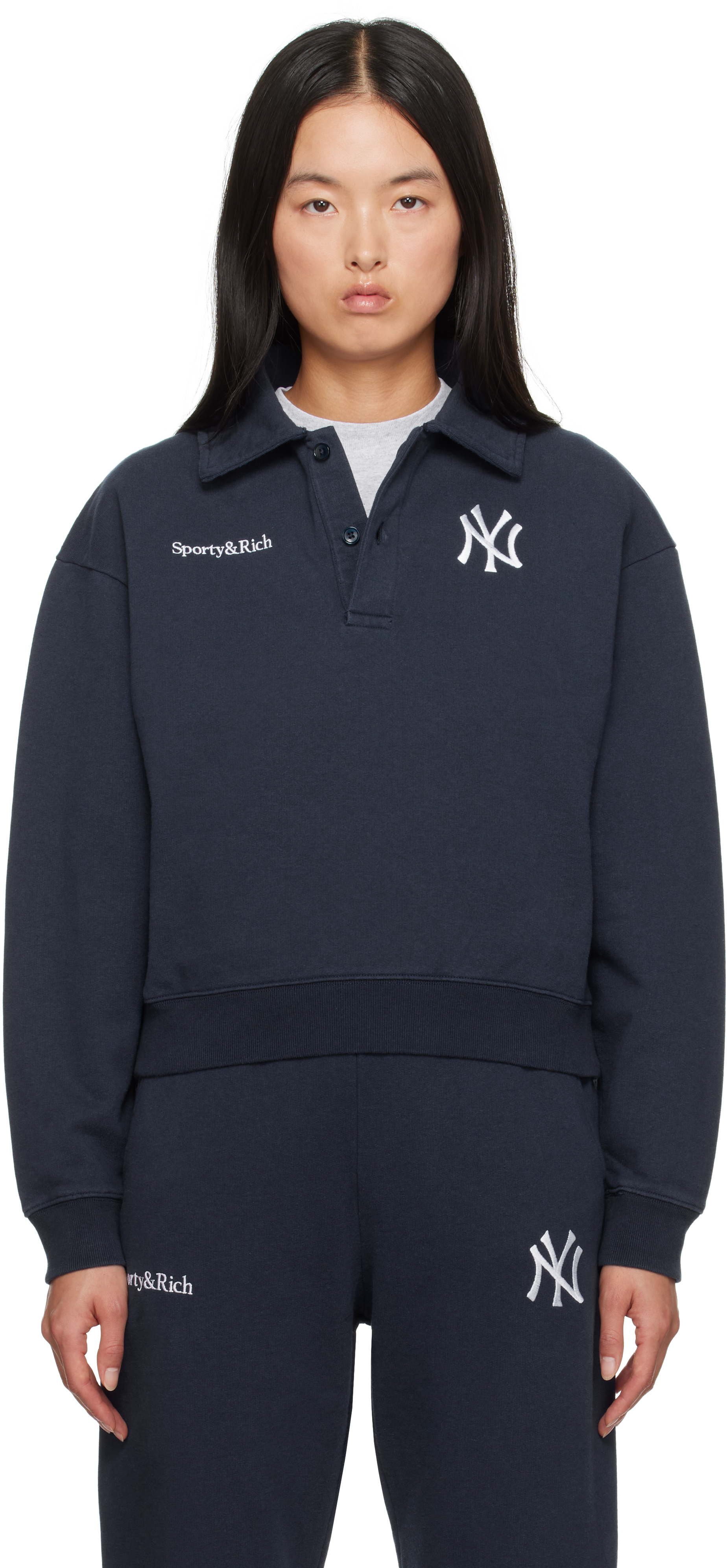 Shop Sporty And Rich Navy '47 Edition Yankees Serif Polo In 31 Navy White