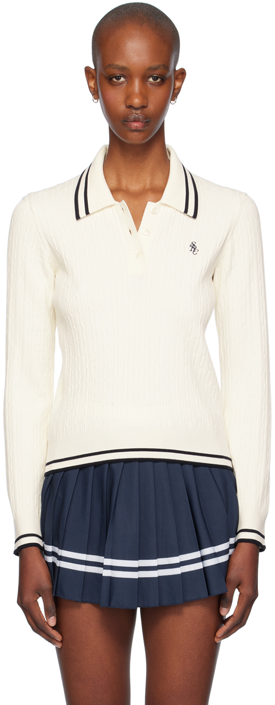 Shop Sporty And Rich Off-white Src Cableknit Polo In 49 Cream Navy