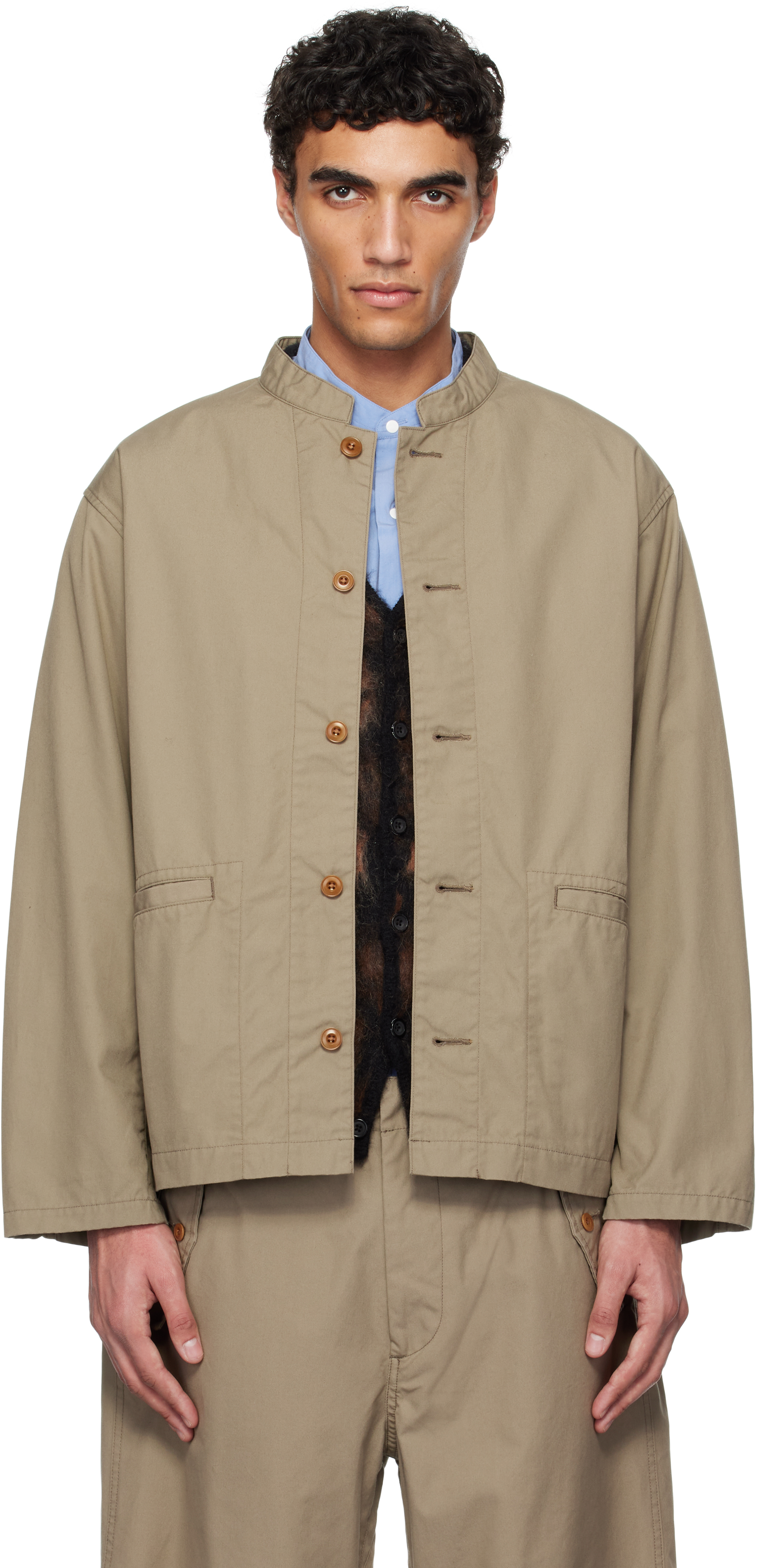 nanamica: Taupe Band Collar Shirt Jacket | SSENSE