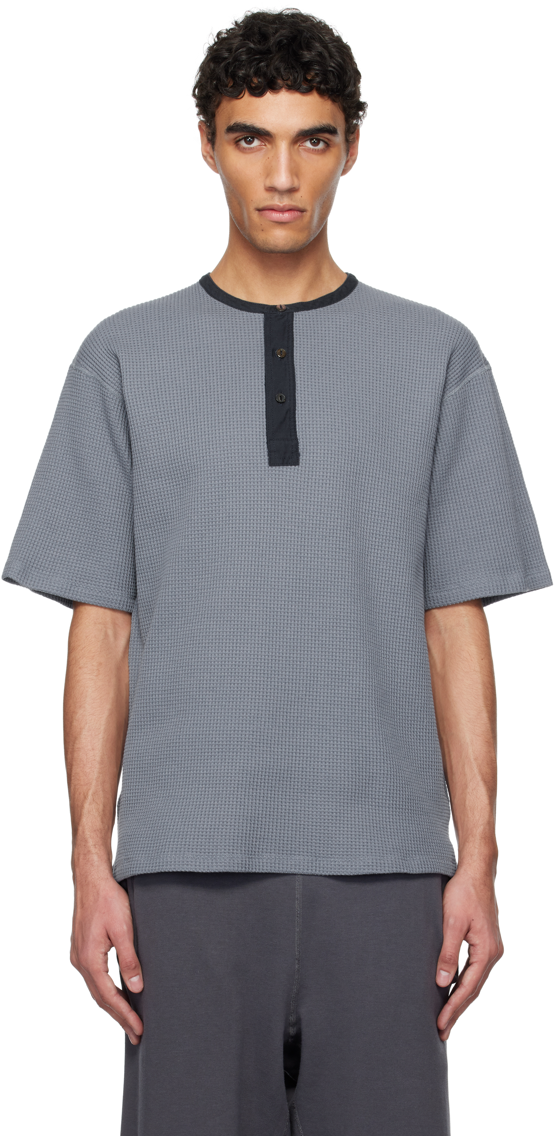 Blue Henry Neck Thermal Sweat Henley by nanamica on Sale