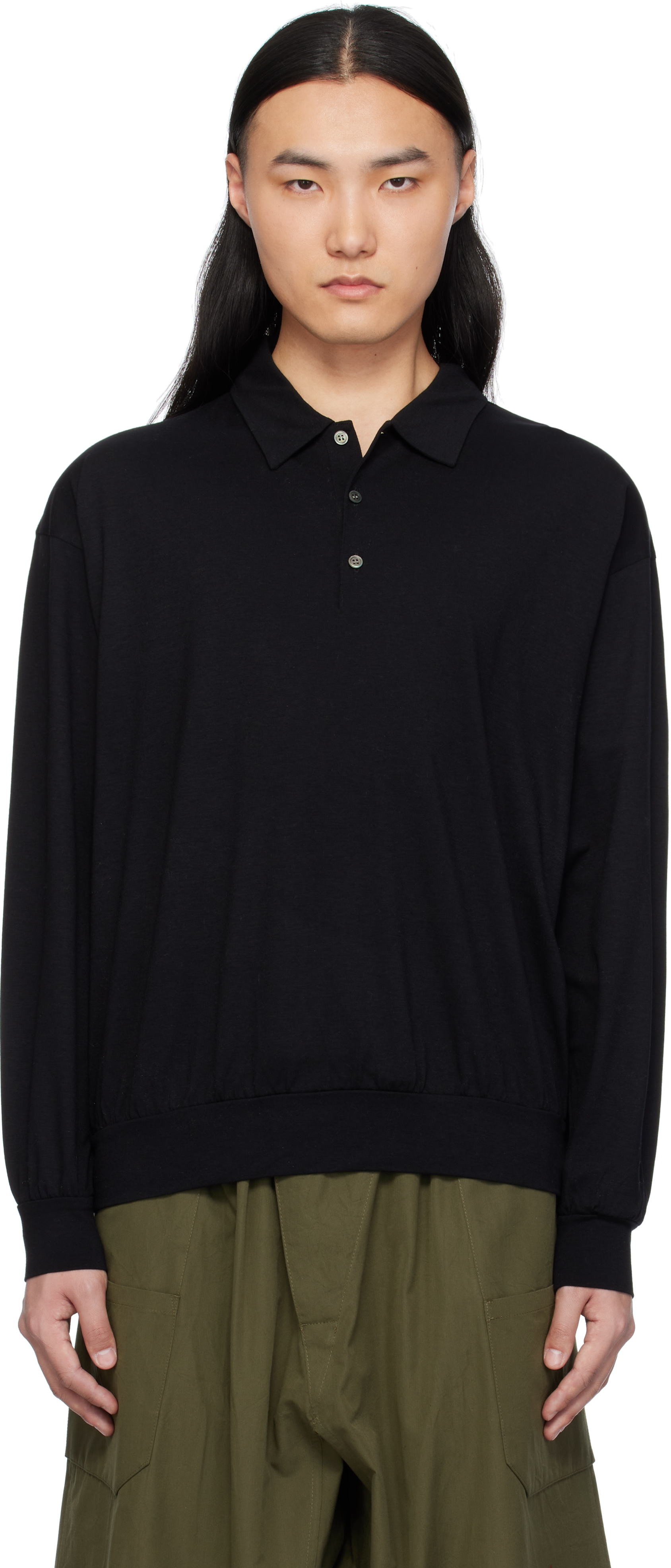 Black Wool Long Sleeve Polo