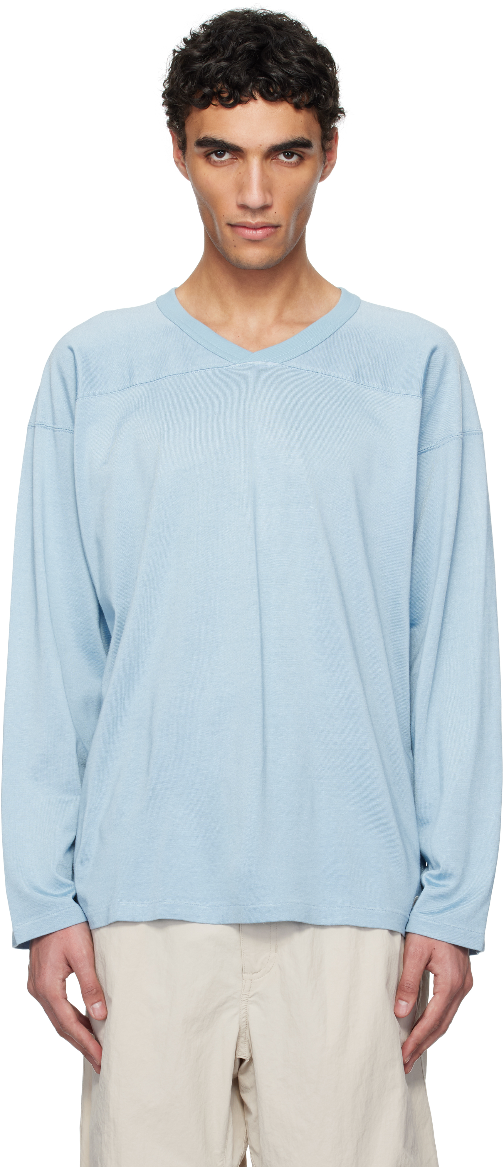 【関税込み】nanamica ブルー レーヨン コットン 長袖Tシャツ nanamicaのブルー レーヨン コットン 長袖Tシャツがセール中