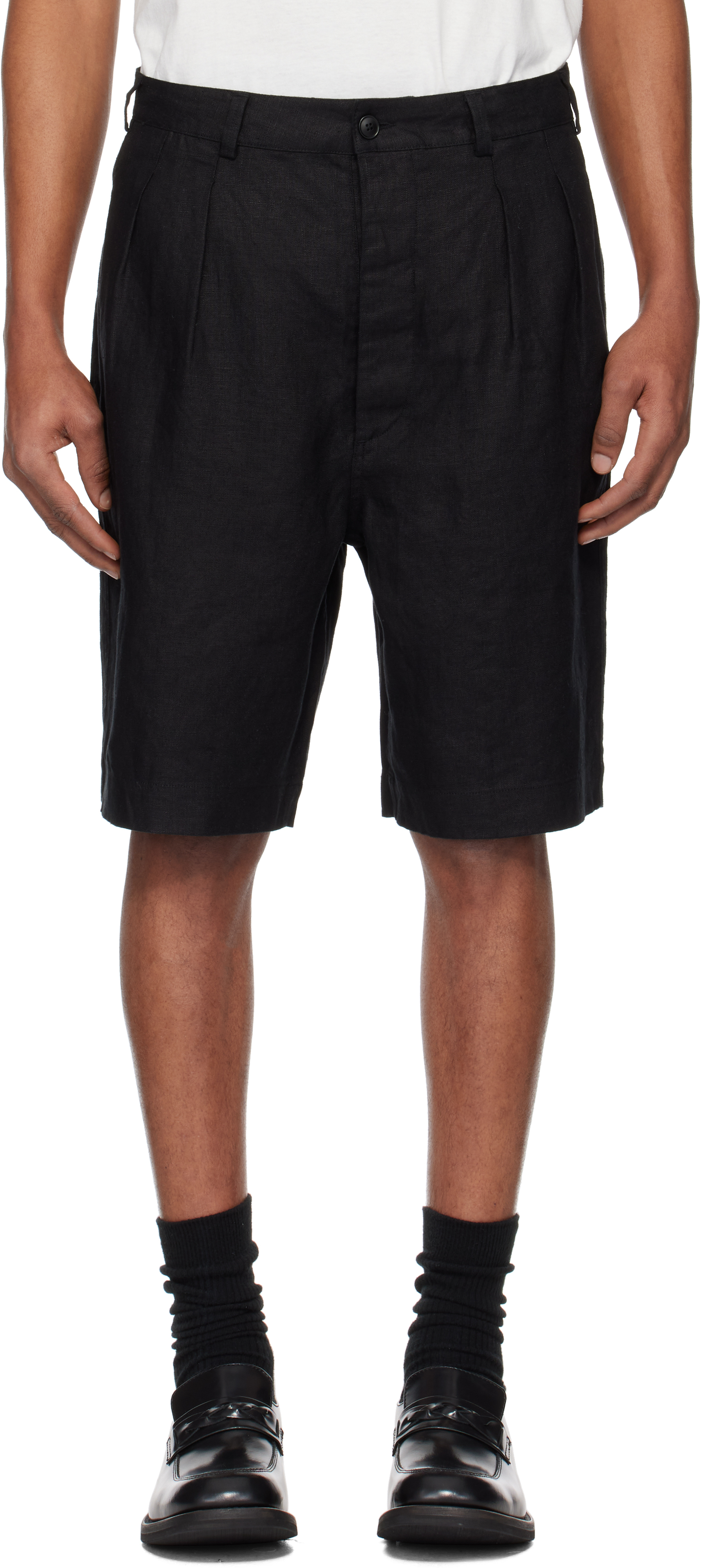 パンツ SUNFLOWER Pleated Linen Short - Black 46 Black Pleated Linen Shorts by Sunflower on Sale
