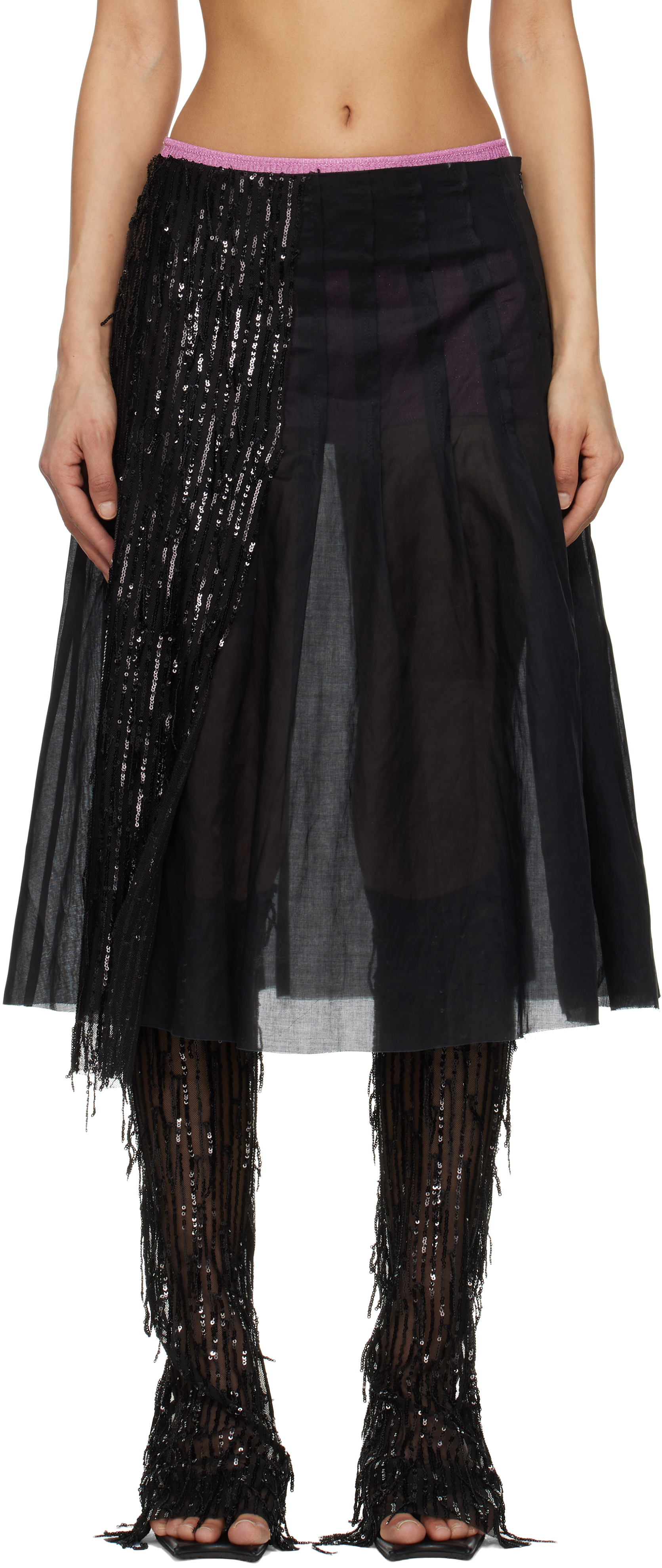 Black Dripping Pleat Around Midi Skirt