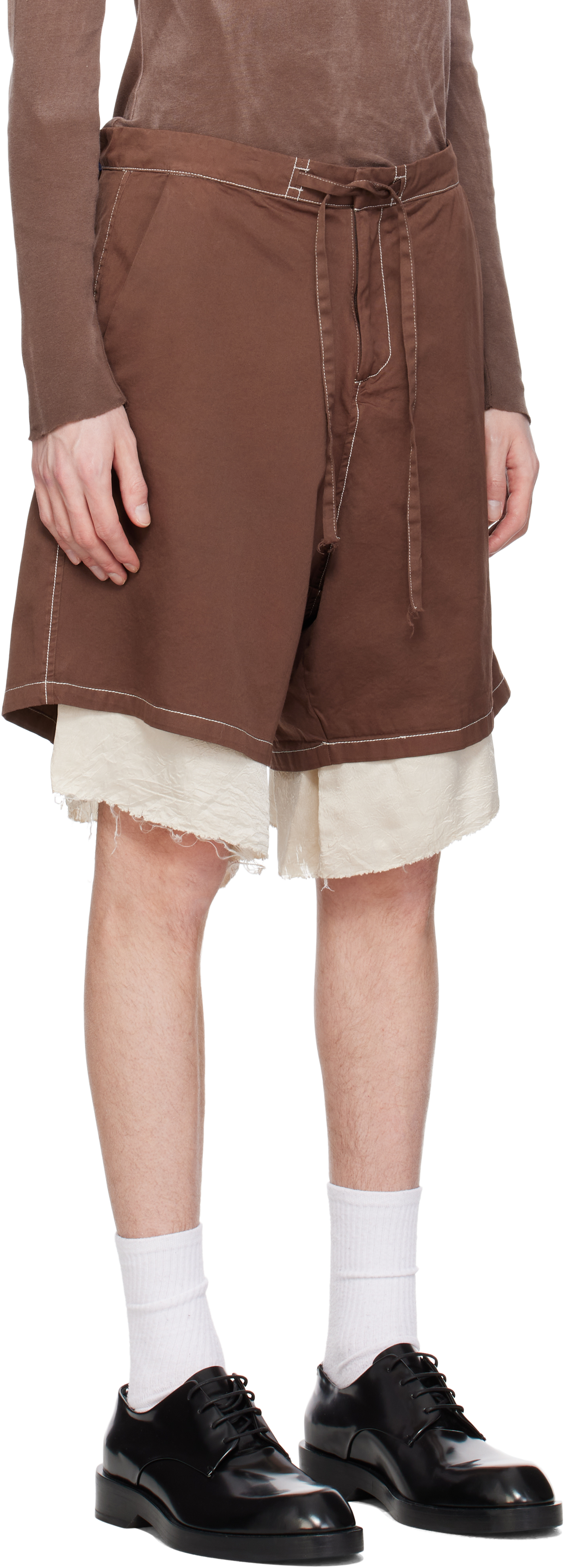 Shop Edward Cuming Brown Drill Satin Exploded Piece Dyed Shorts In Washed Brown/cream