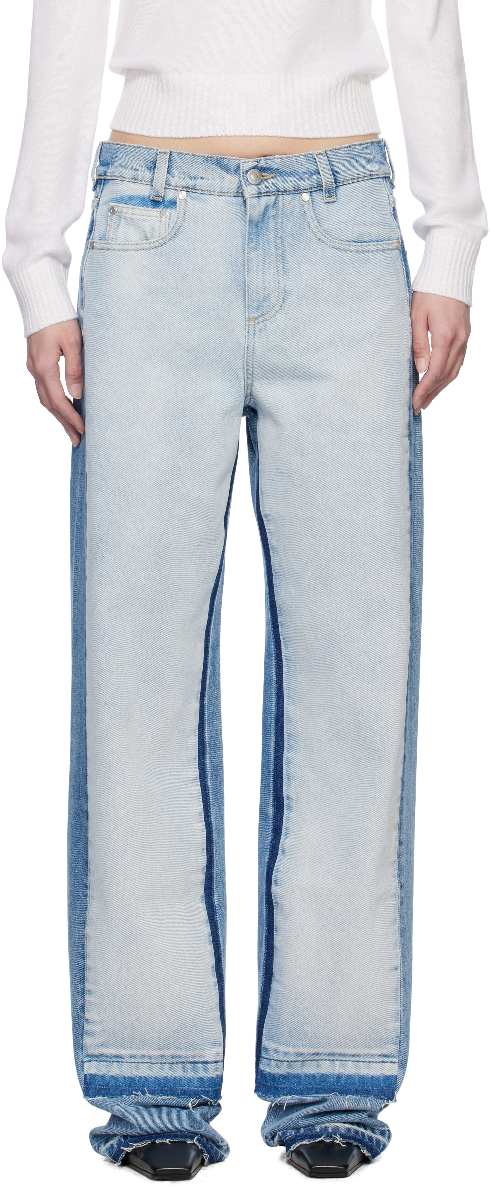 Blue Contrast Panel Straight Leg Jeans