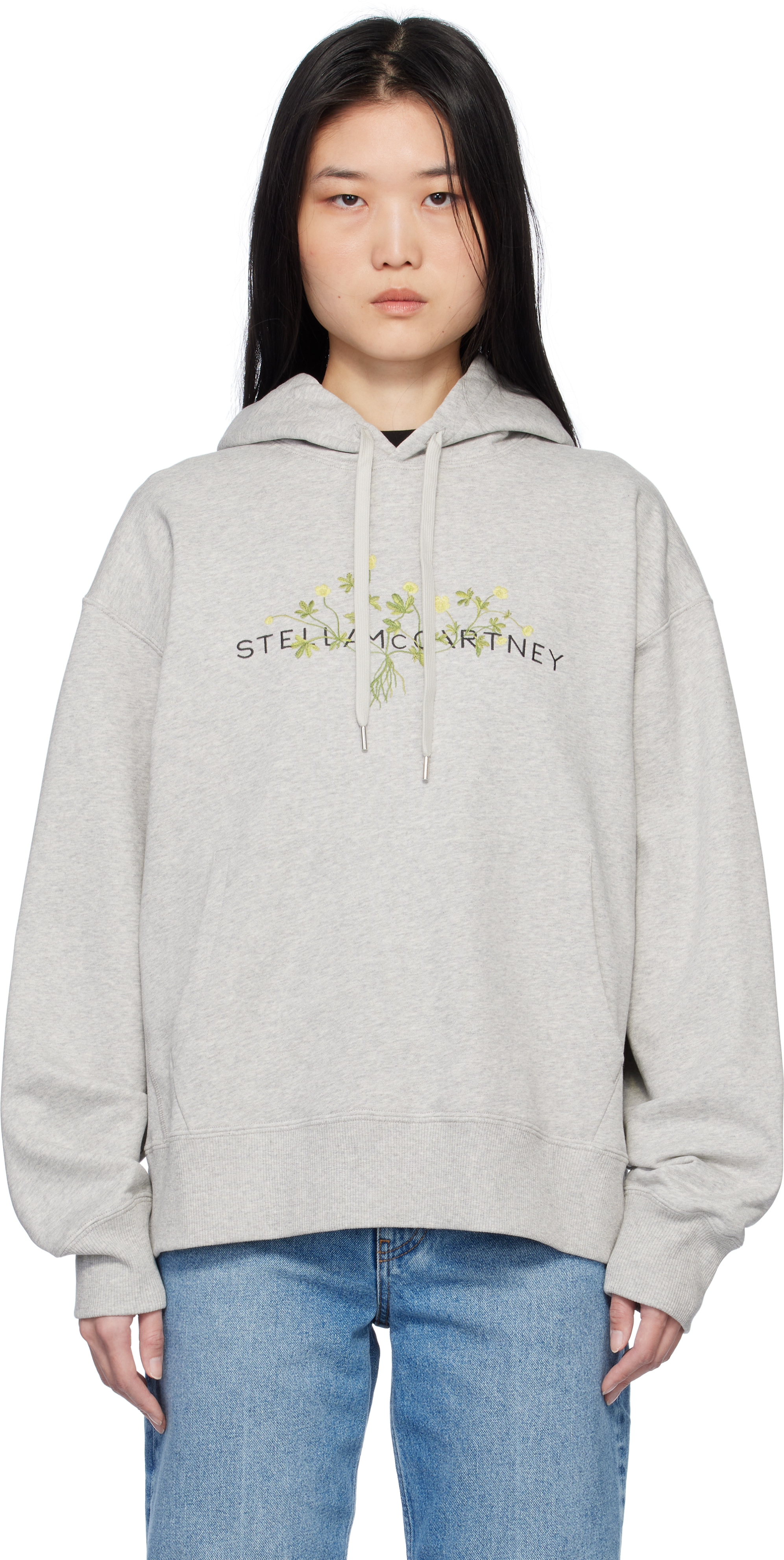 Gray Floral Embroidered Logo Hoodie