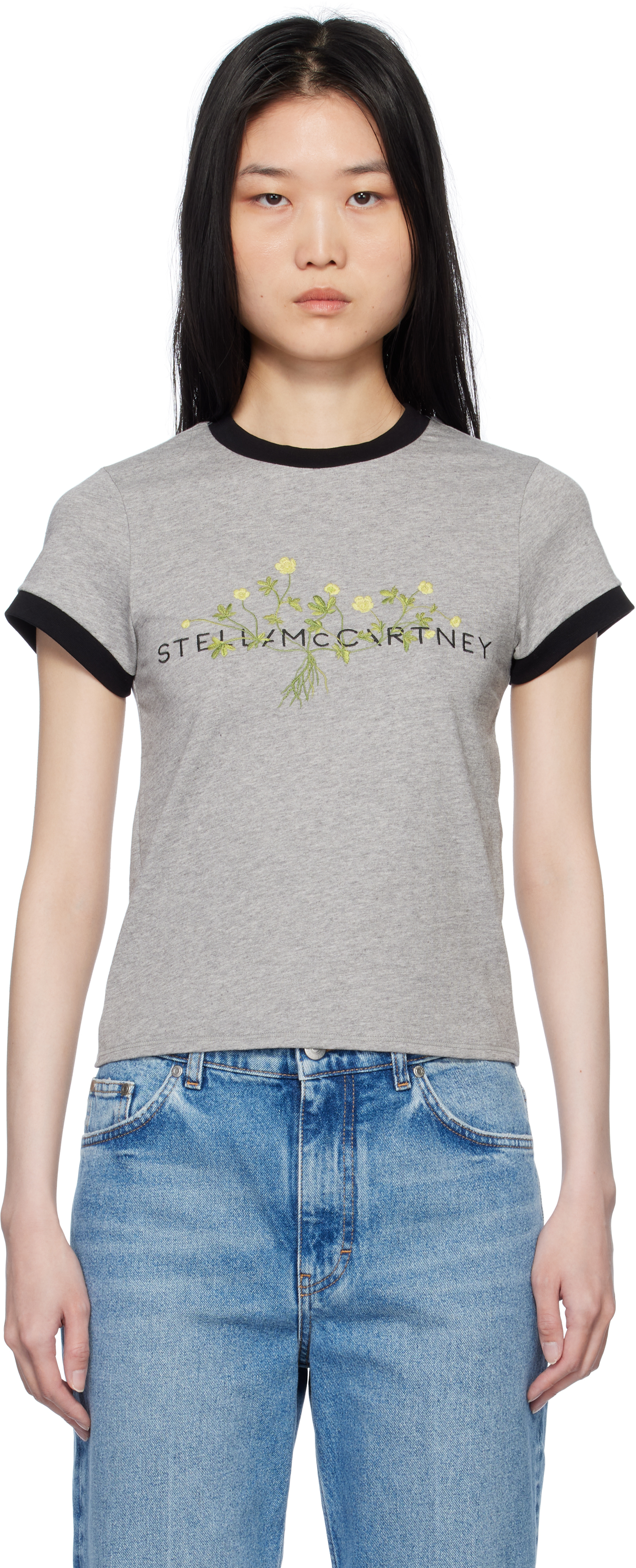 Gray Logo Floral Embroidered T-shirt