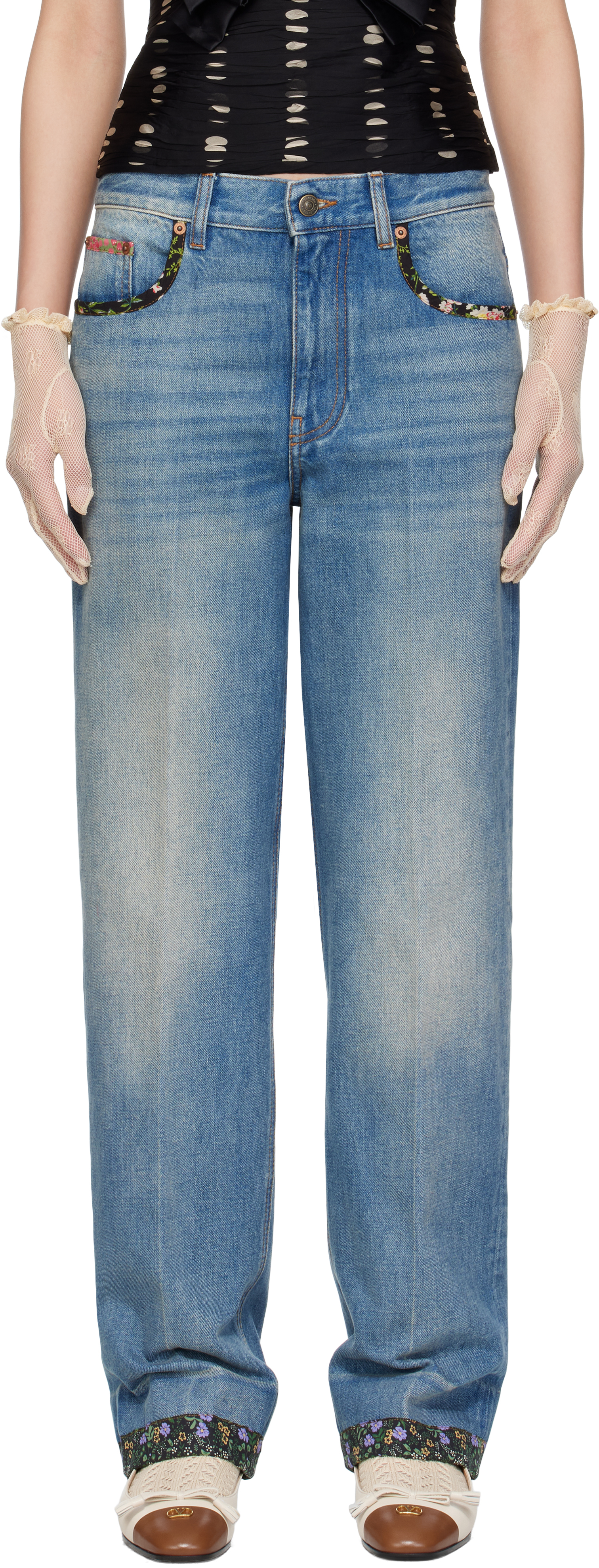 Blue Floral Print Hem Jeans