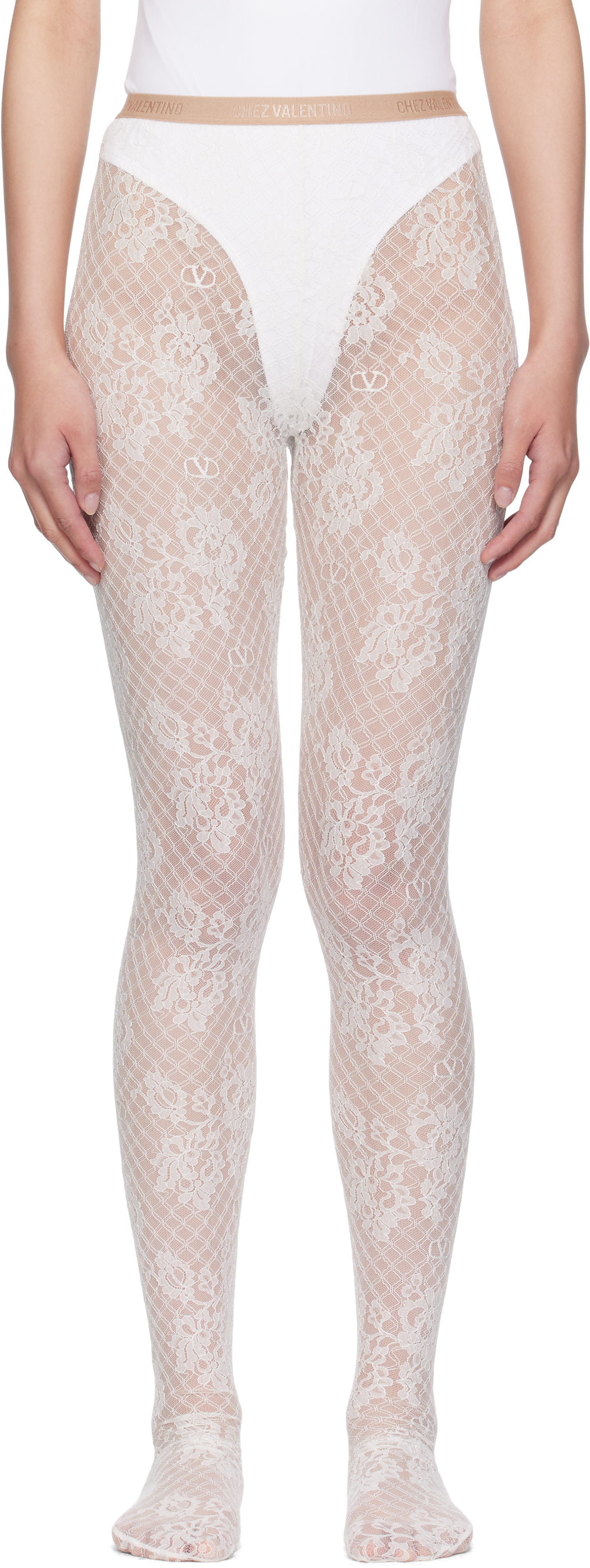 タイツ・ソックス VALENTINO GARAVANI REBROD LACE TIGHTS Valentino: Off-White Rebrodé Lace Tights | SSENSE