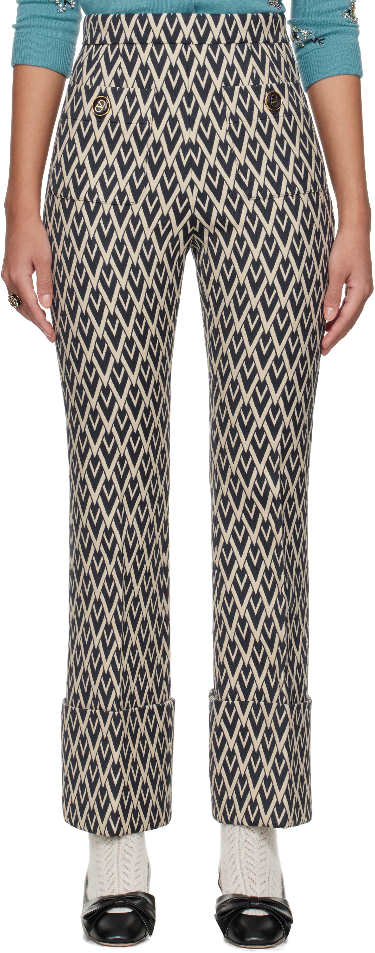 Off-White & Navy Toute 'La V' Jacquard Trousers