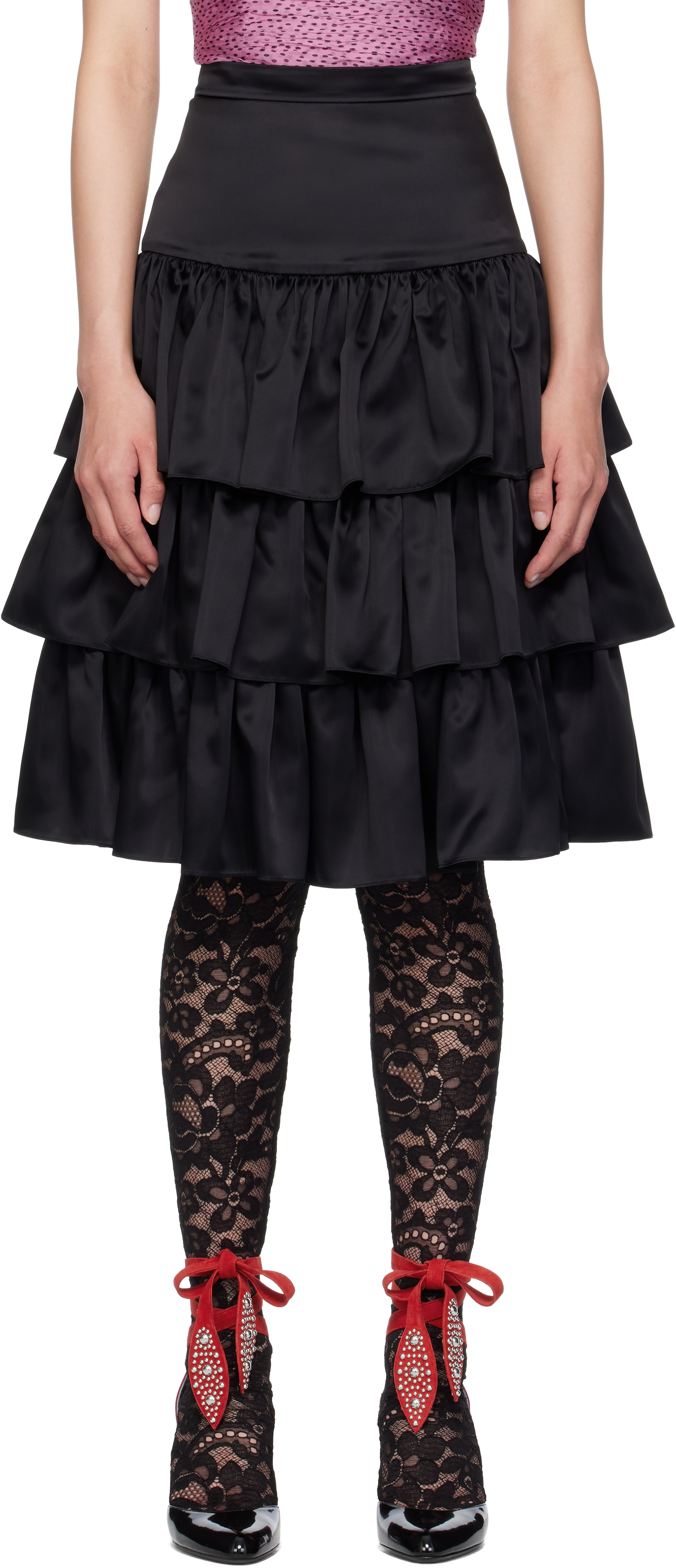 Black Satin Ruffle Midi Skirt