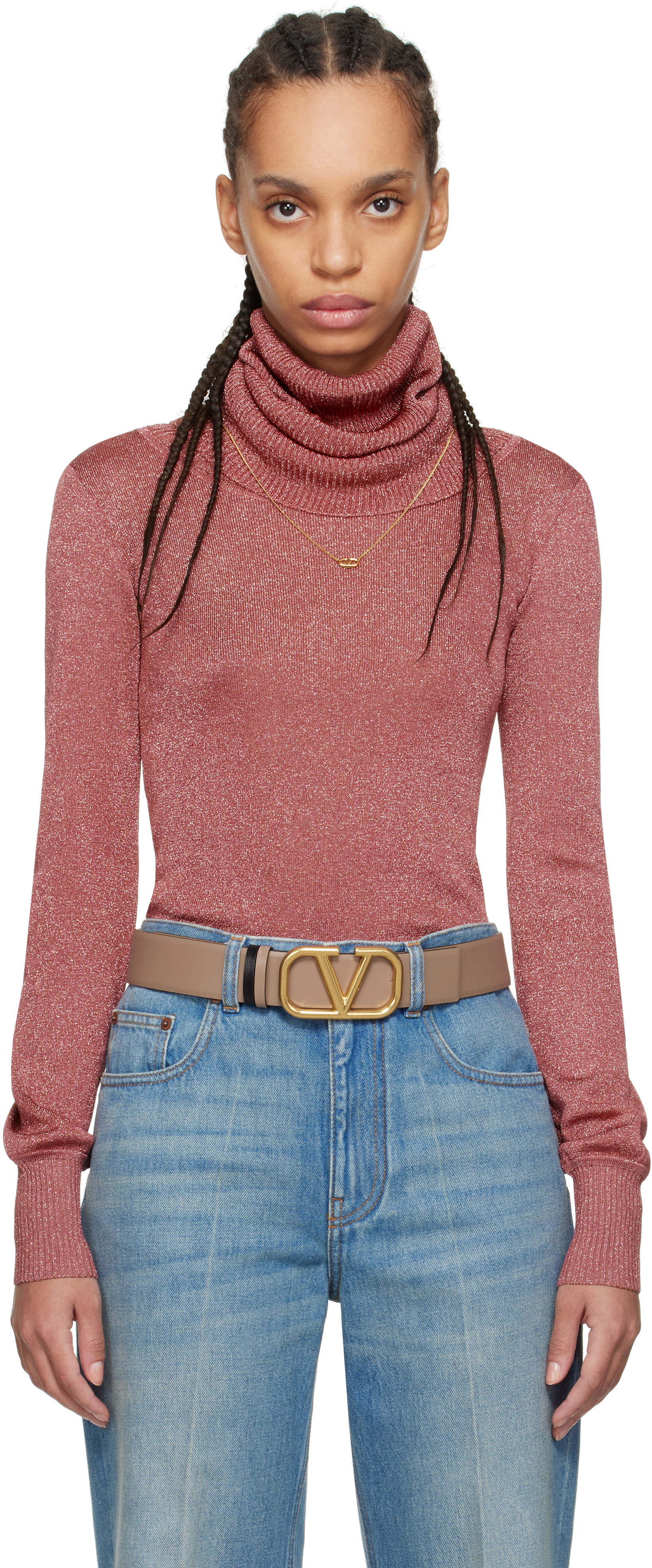 Pink Maglia Solid Lurex Turtleneck