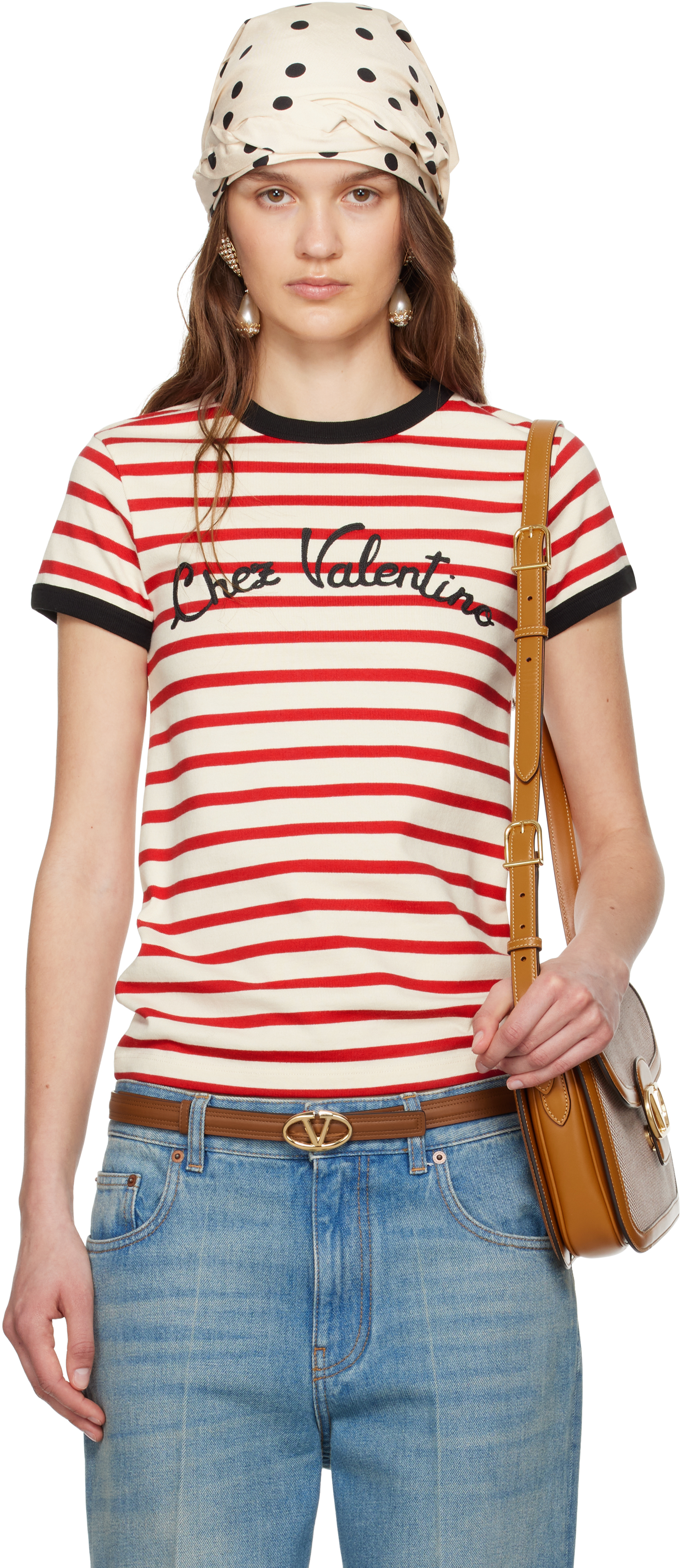 Red & Off-White Striped Jersey Cotton T-shirt by Valentino