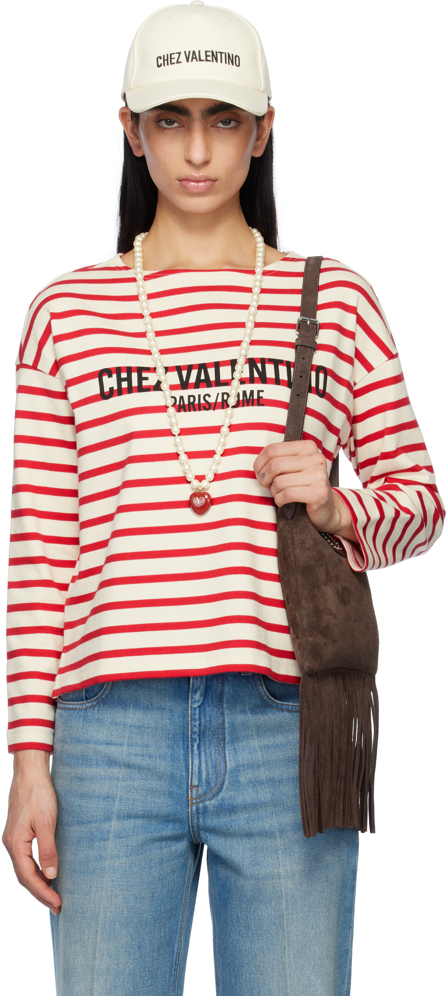 VALENTINO コットン ボーダー Tシャツ レッド Valentino: レッド&オフホワイト ボーダー ジャージ コットン T