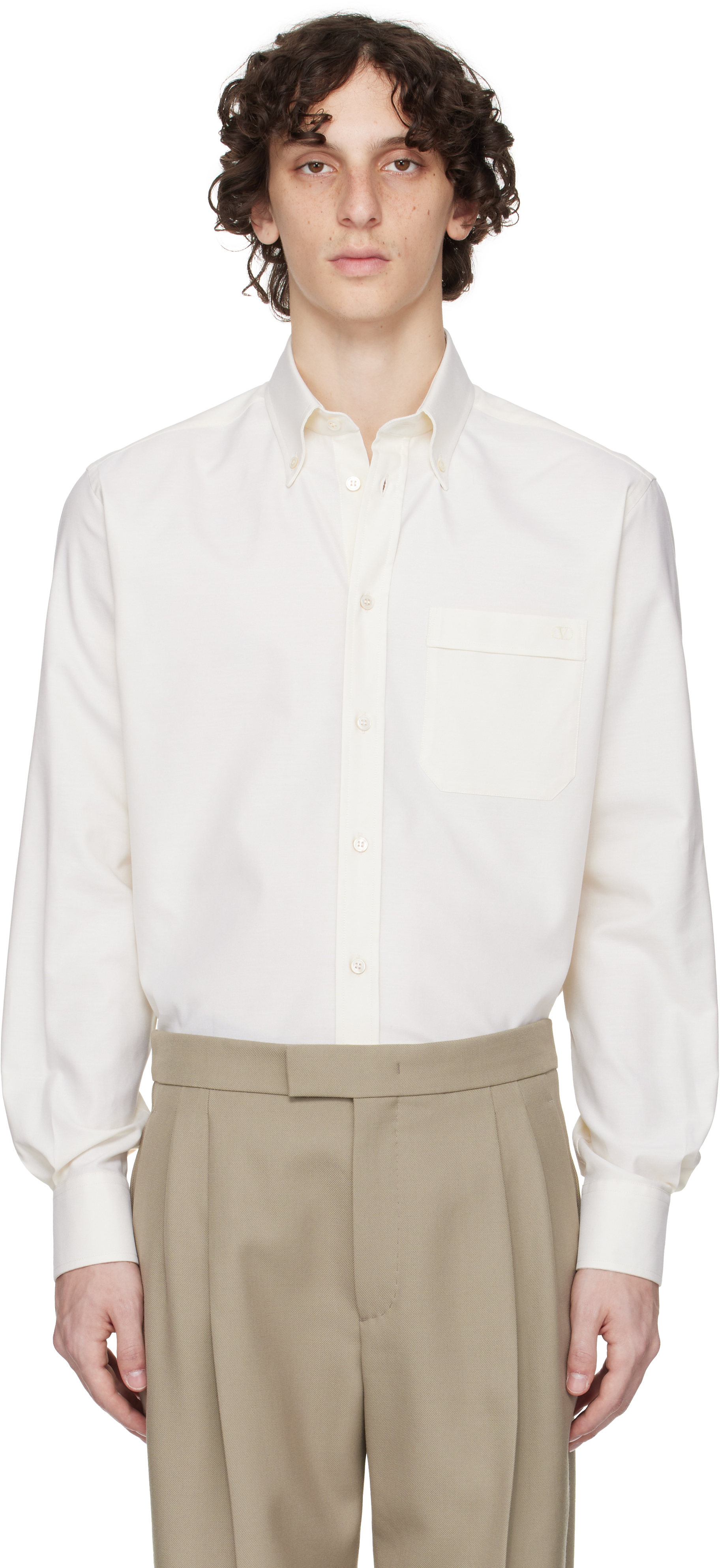 Valentino Off-white Cotton Oxford Slim Fit Vlogo Shirt