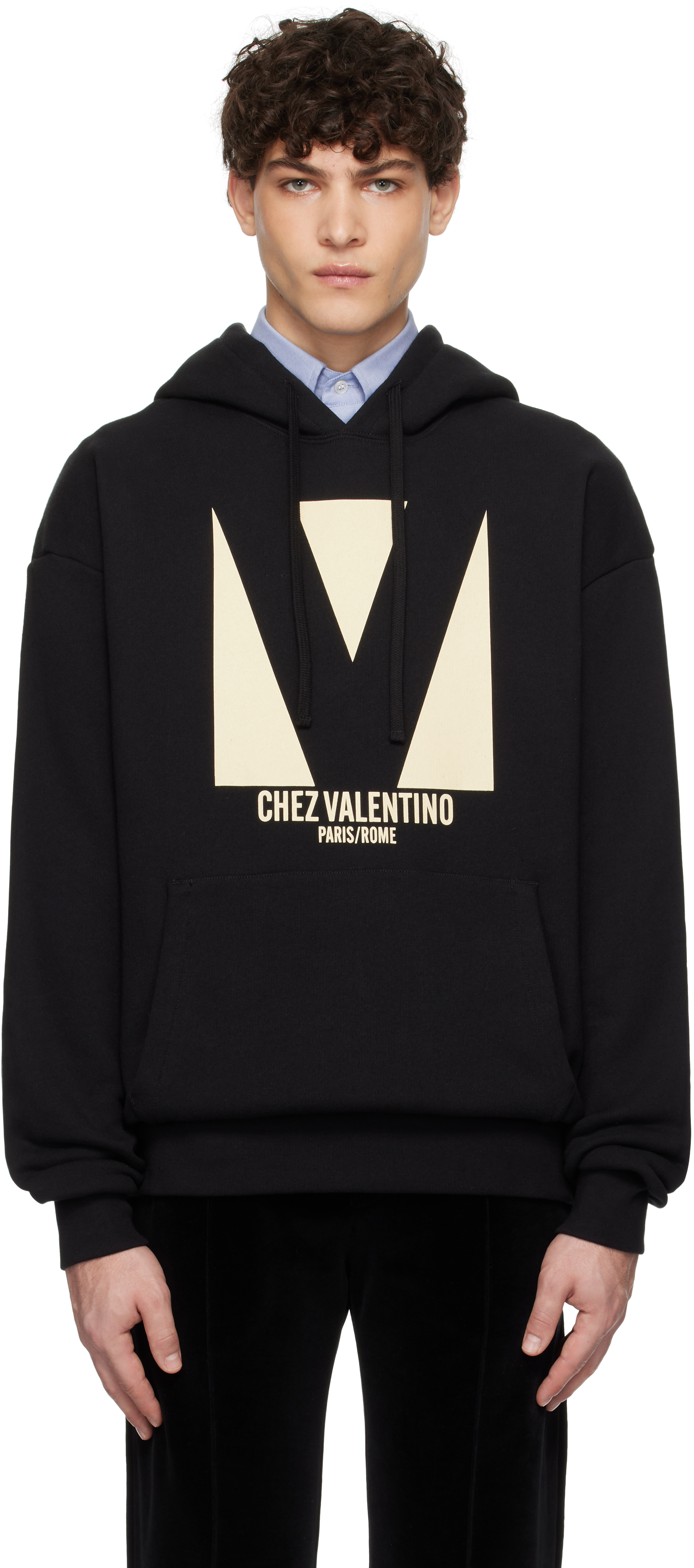 Black Cotton 'Chez Valentino' Print Hoodie