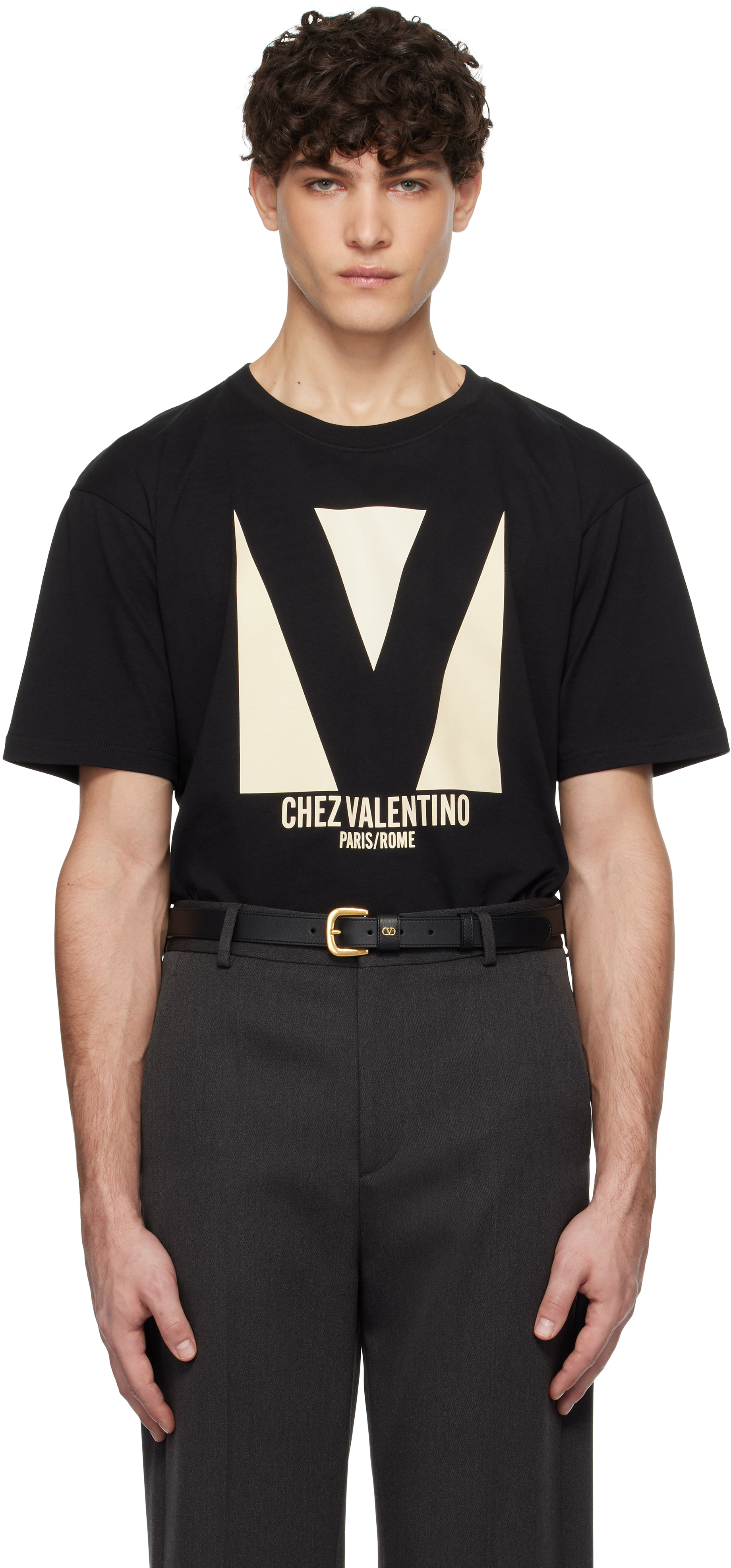 Black Jersey Cotton 'Chez Valentino' Print T-shirt