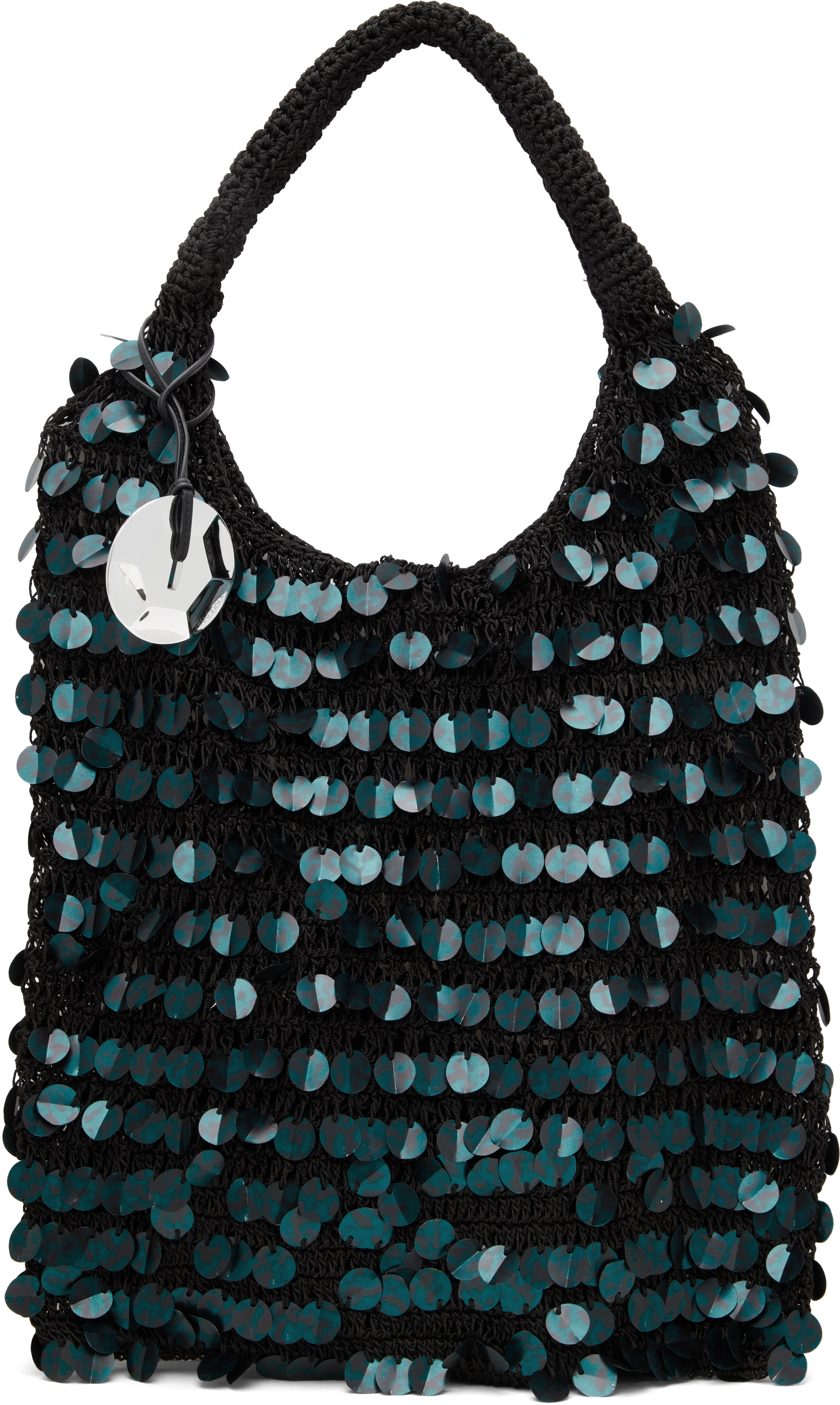 Jw Anderson Crochet Handle Sequin Embellished Tote Bag In 086 Dark Teal