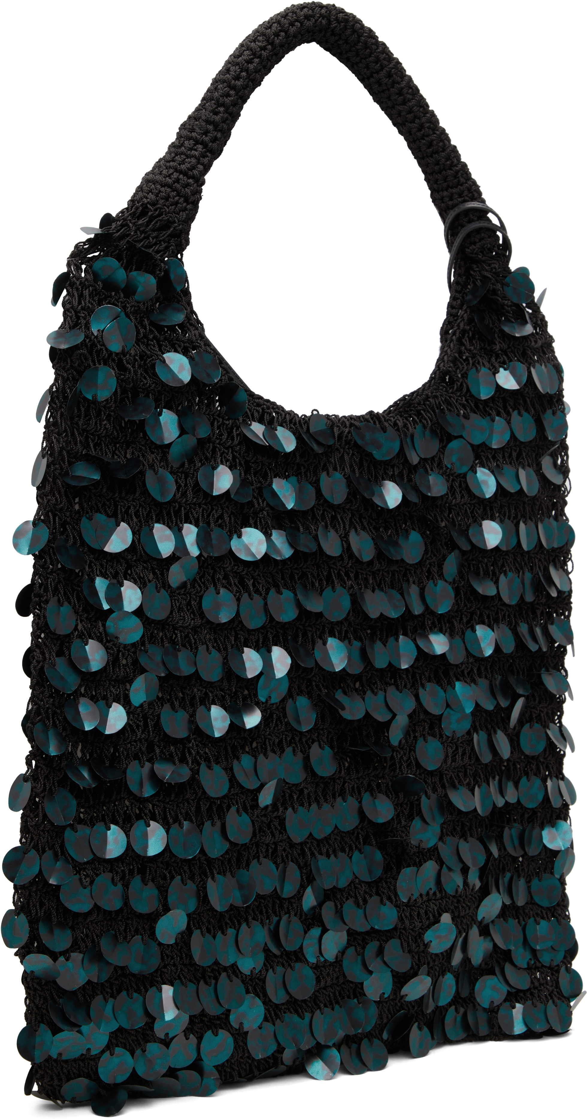 Jw Anderson Crochet Handle Sequin Embellished Tote Bag In 086 Dark Teal