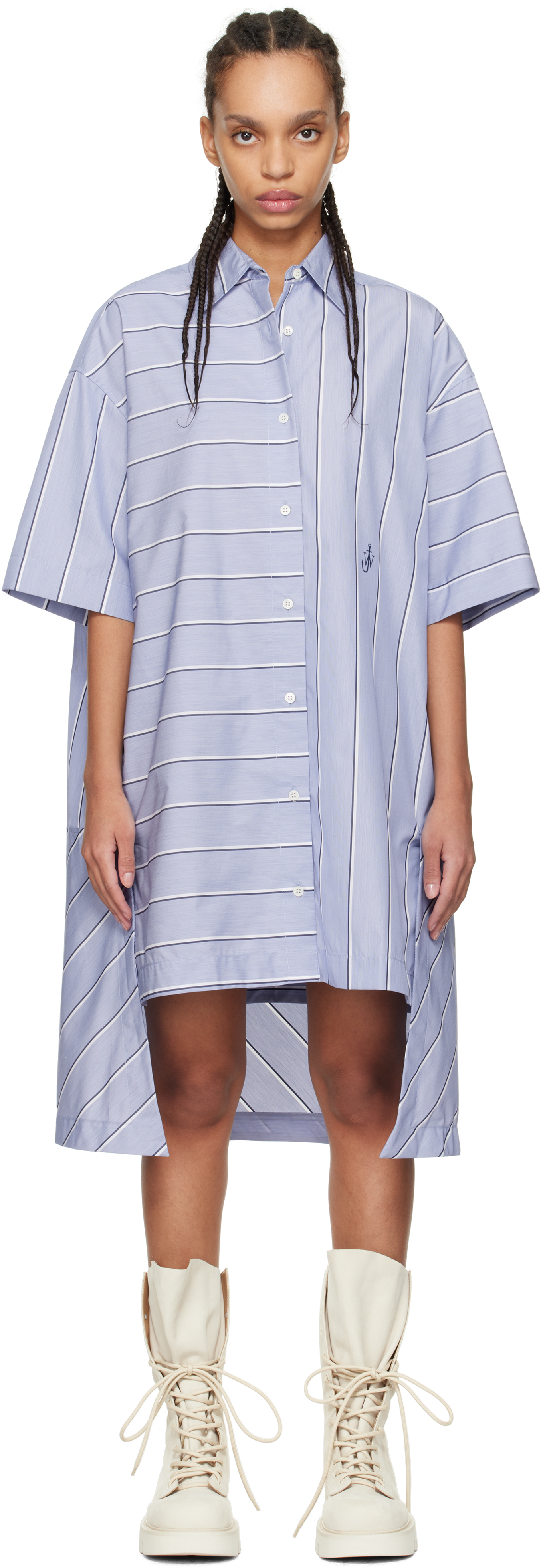 Blue Stepped Hem Shirt Minidress