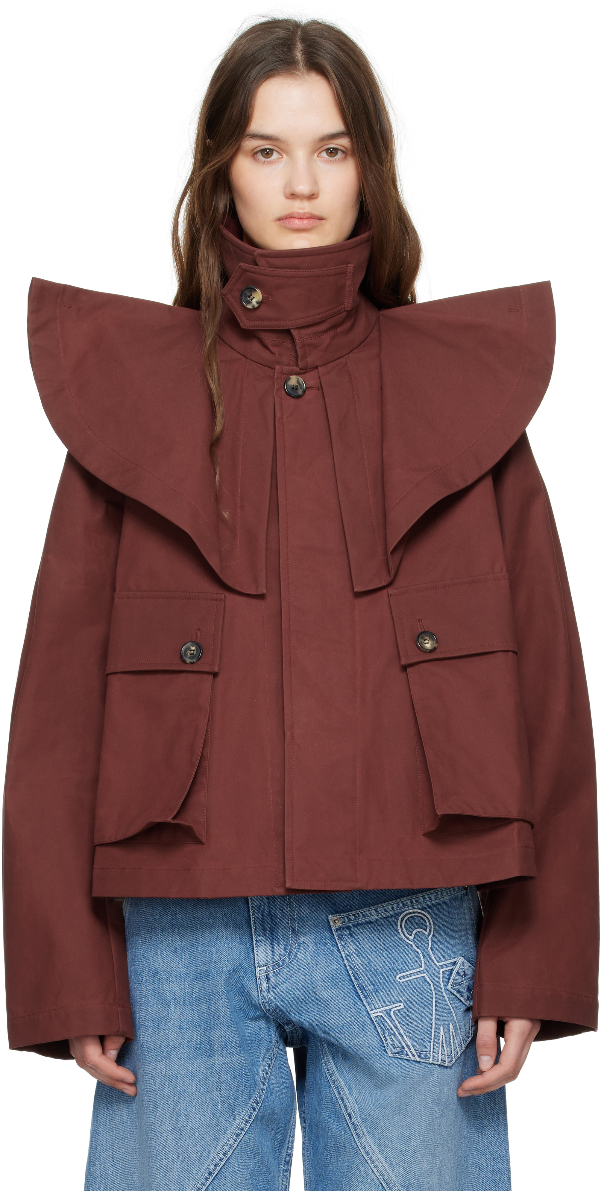 Burgundy Oversized Collar Trench Jacket