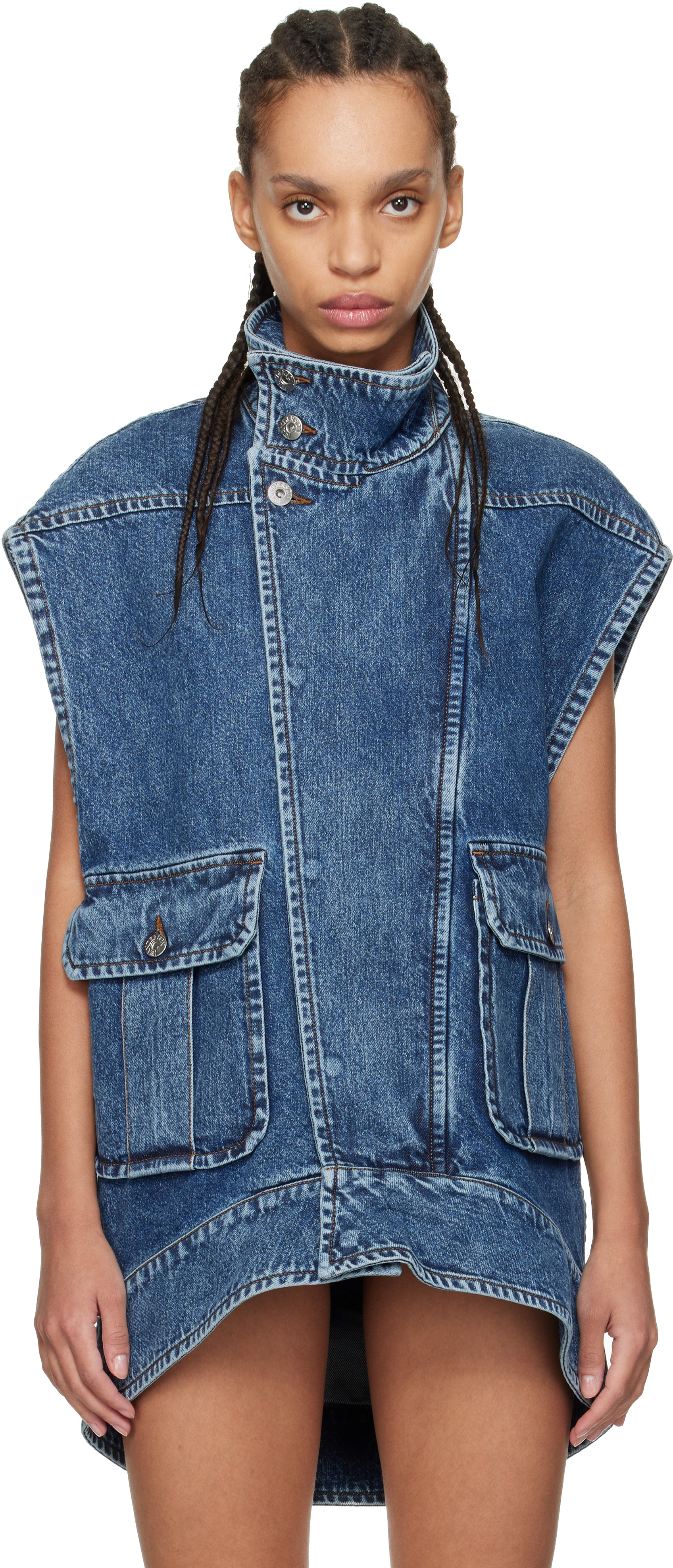 JW Anderson: Blue Oversized Sleeveless High Neck Denim Vest JW Anderson: Blue Oversized Sleeveless High Neck Denim Vest
