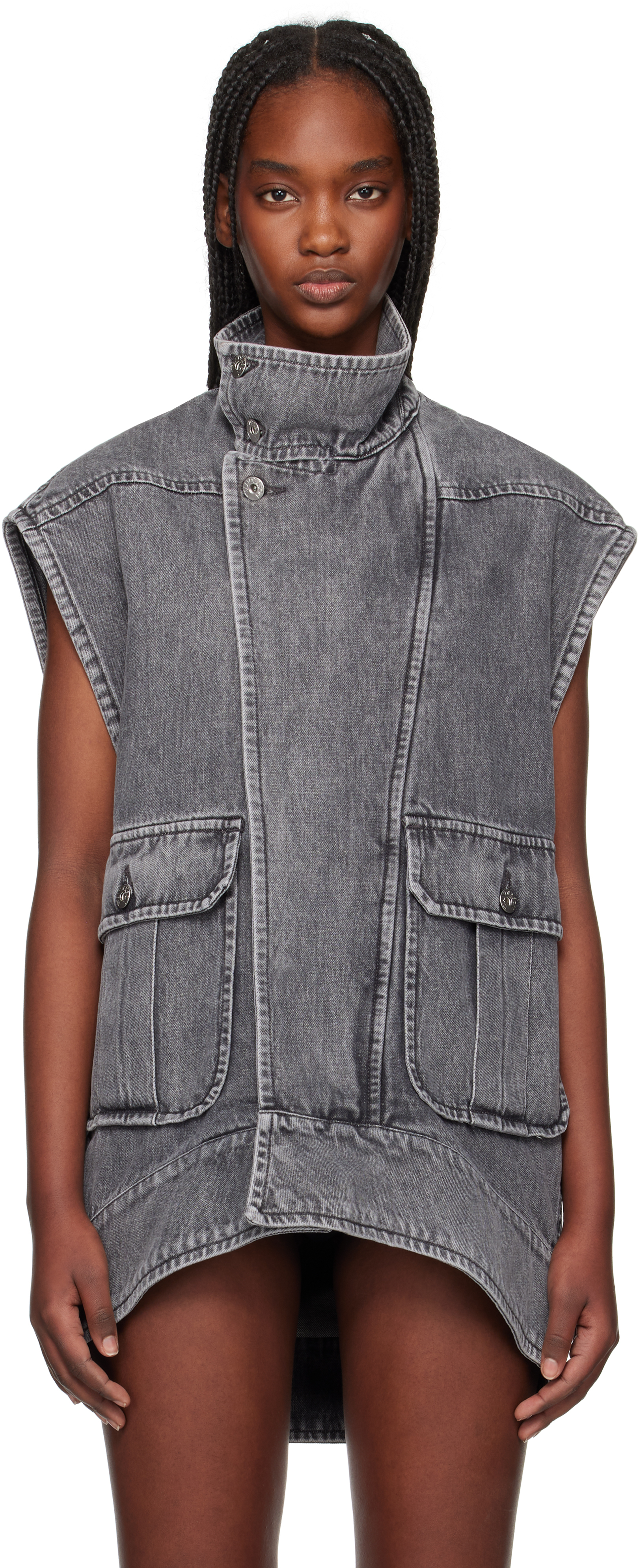 Gray Oversized Sleeveless High Neck Denim Vest