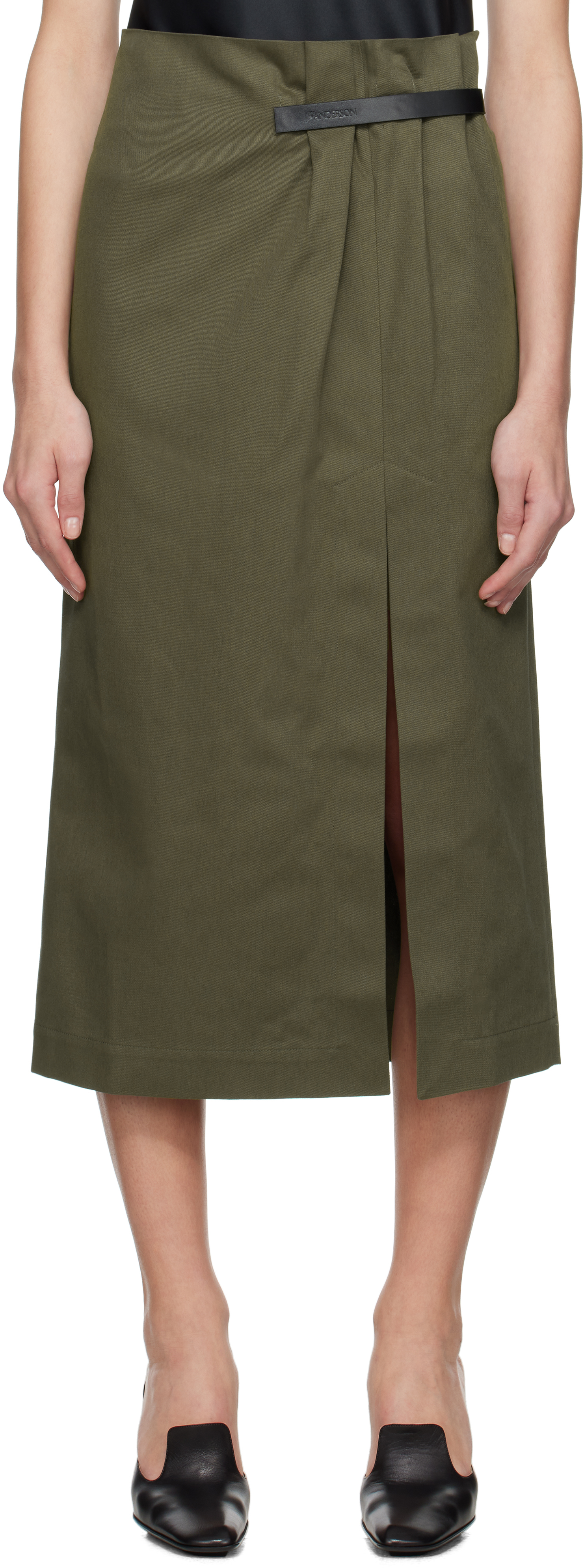 Khaki Strap Detail Slit Midi Skirt