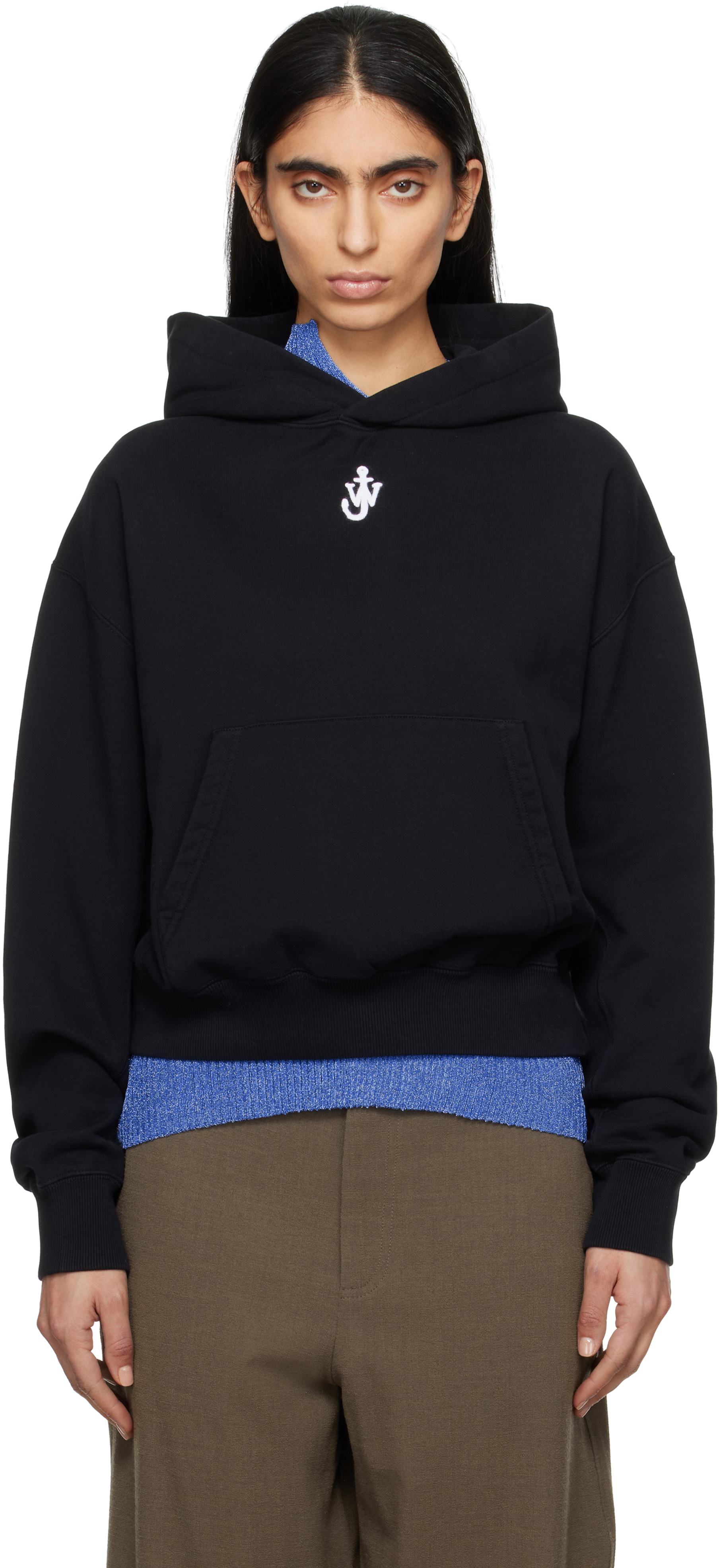 Black Anchor Logo Cropped Hoodie