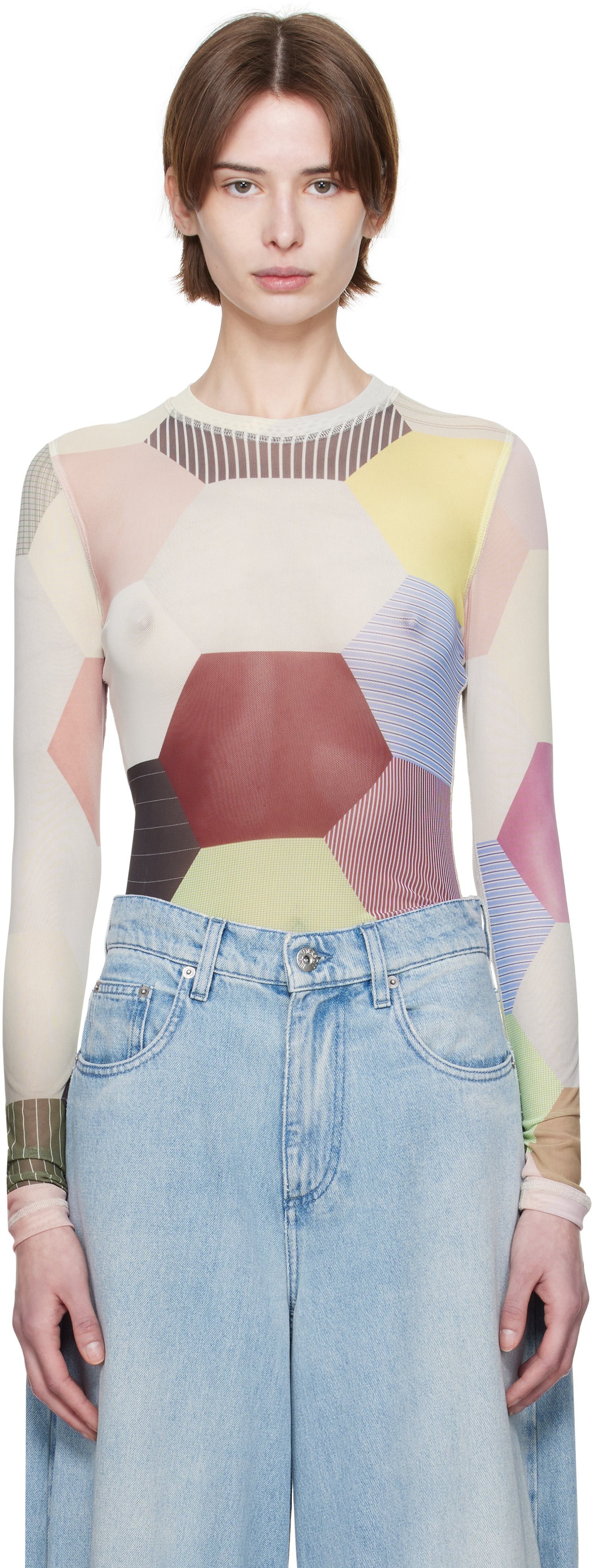 Multicolor Patchwork Print Sheer Long Sleeve T-shirt