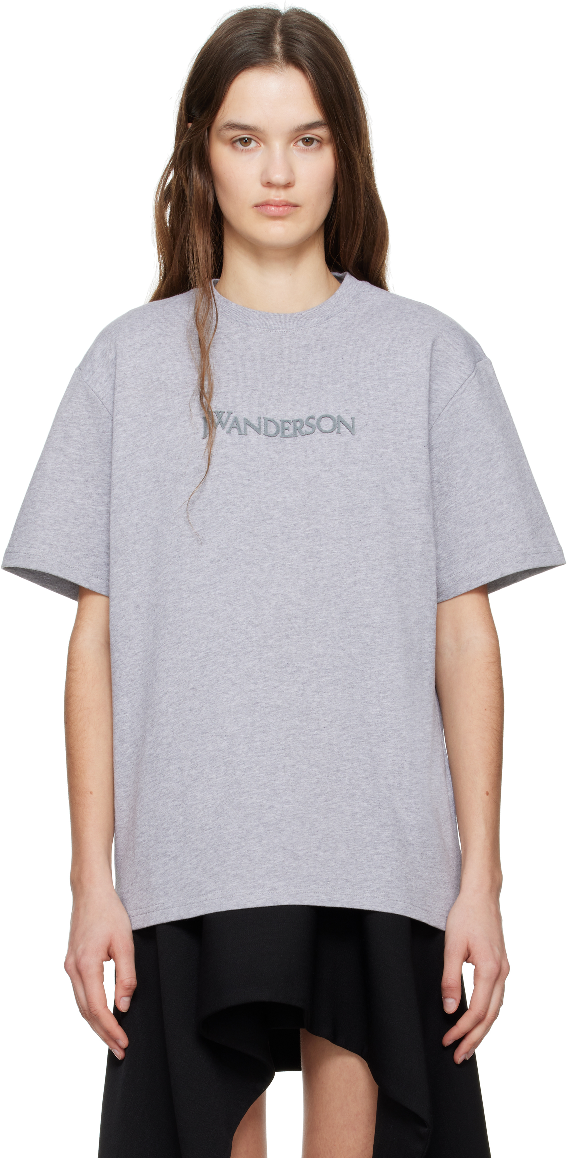 JW Anderson: Gray Flocked Logo T-shirt | SSENSE