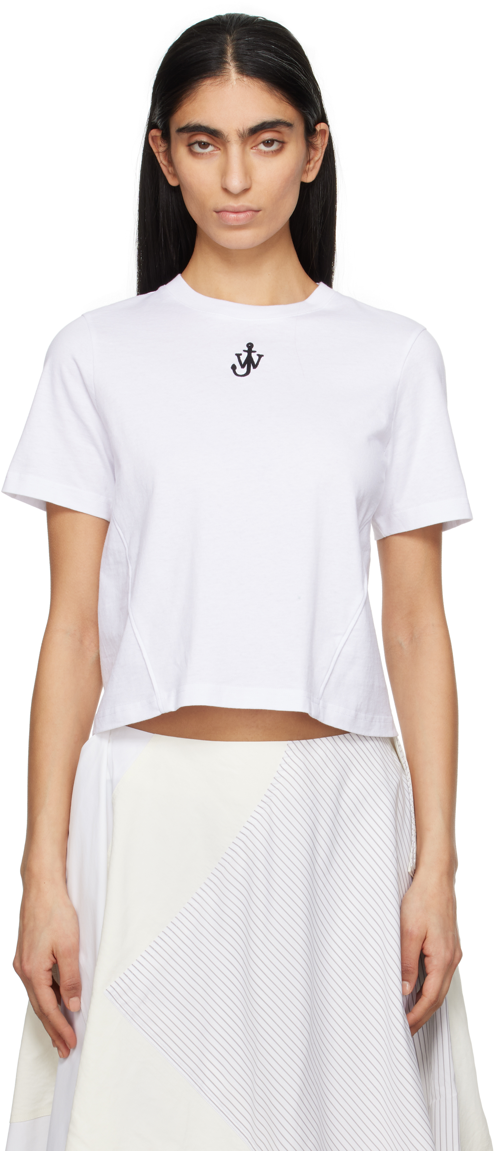 White Anchor Logo Cropped Panelled T-shirt