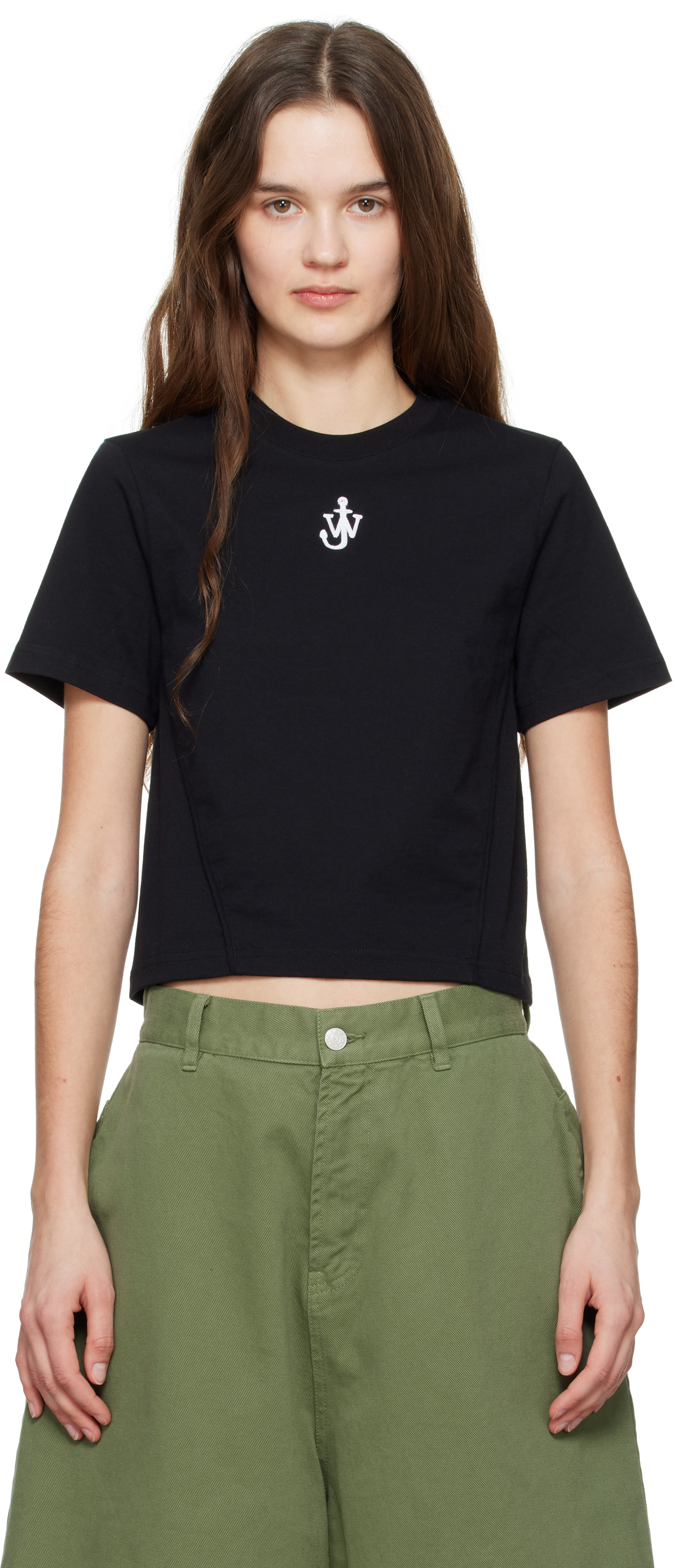 JW Anderson: Black Anchor Logo Cropped Panelled T-shirt | SSENSE JW Anderson: Black Anchor Logo Cropped Panelled T-shirt | SSENSE