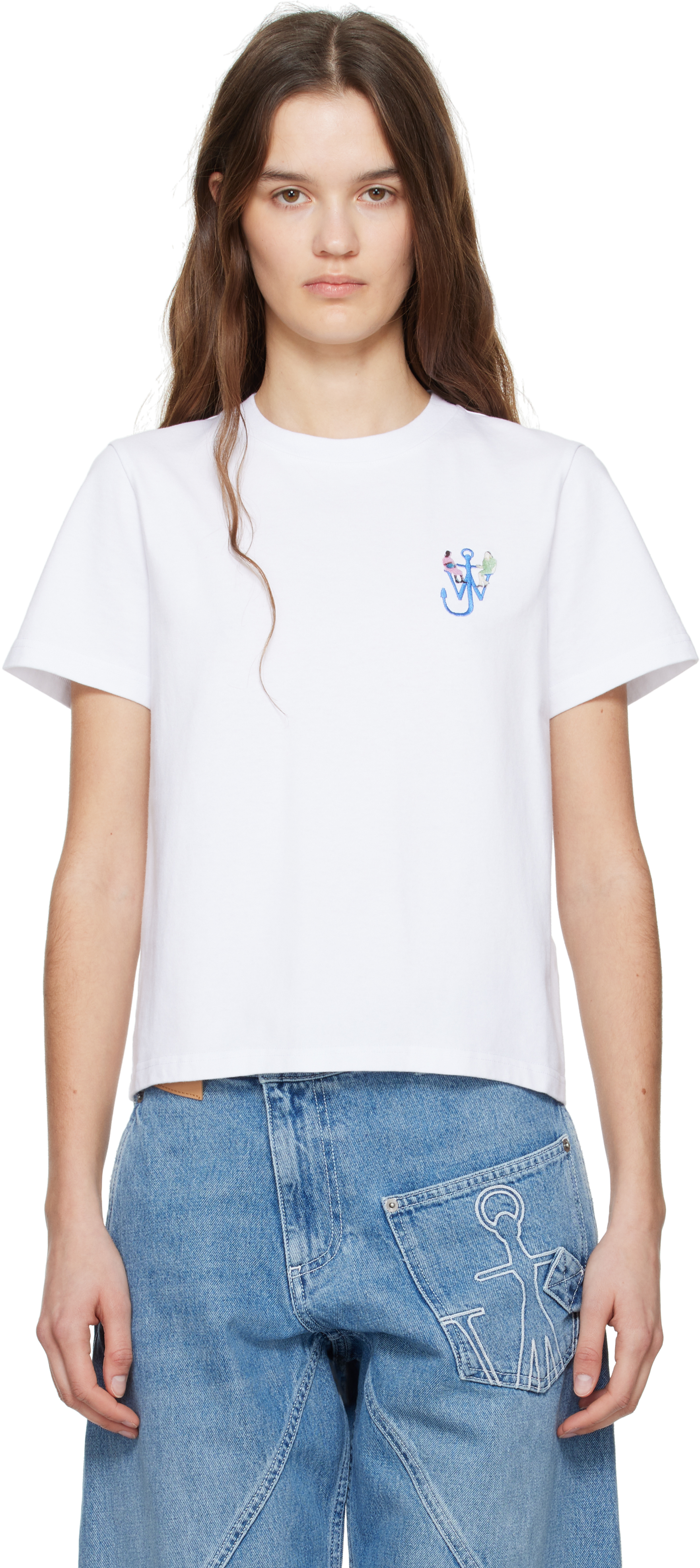 White Anchor Embroidery Printed T-shirt