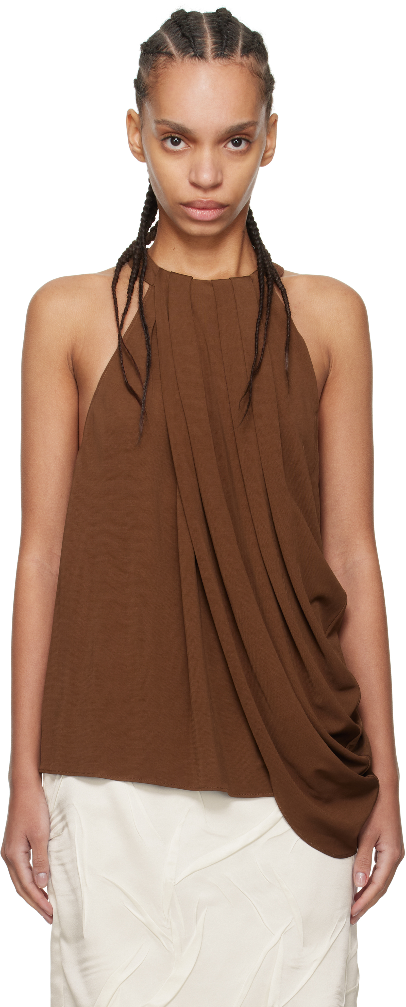 Brown Twisted Draped Halter Tank Top