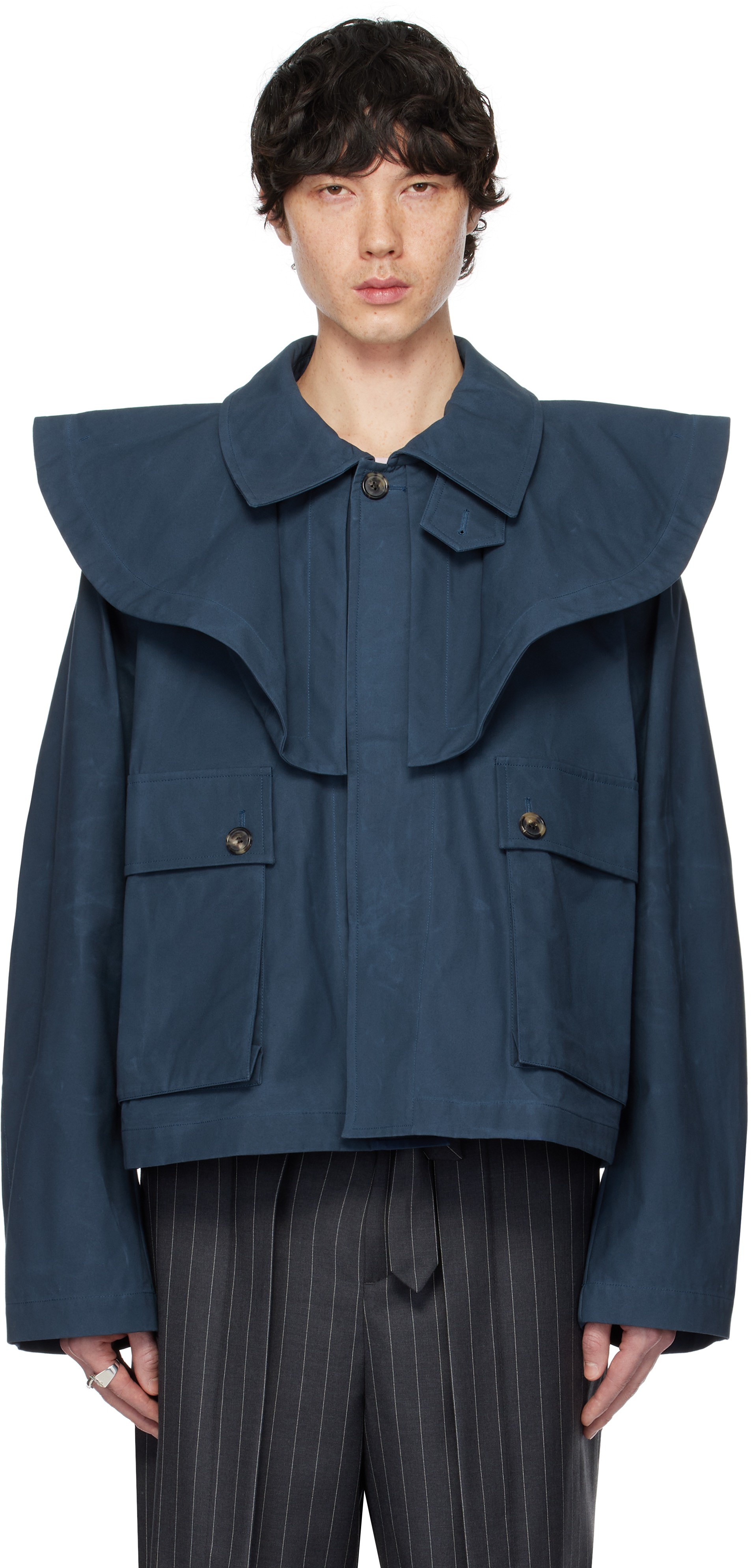 Blue Oversized Collar Trench Jacket