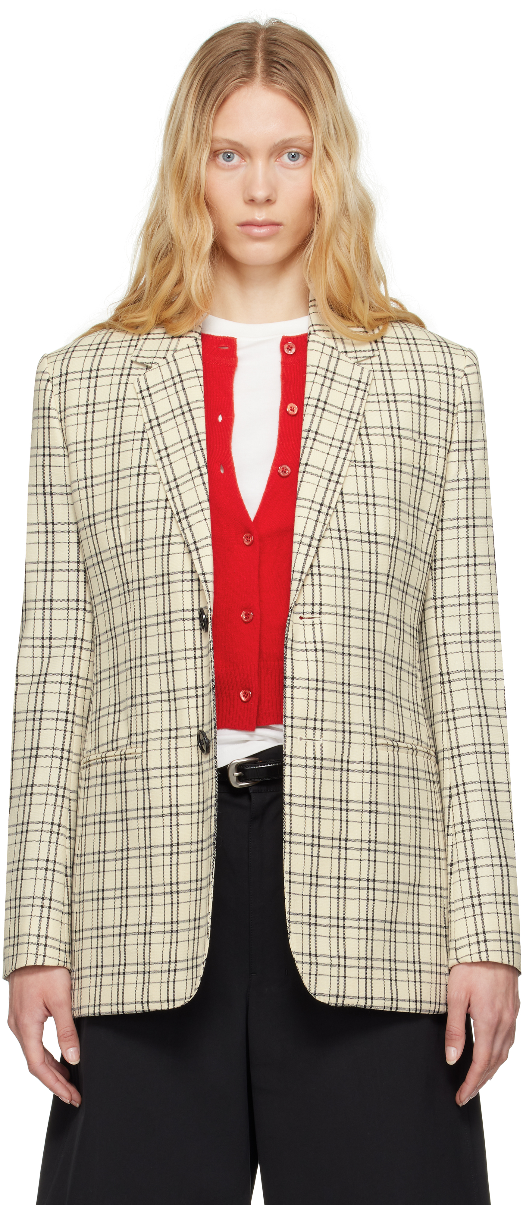 Beige Checked Wool Semi-Lined Blazer