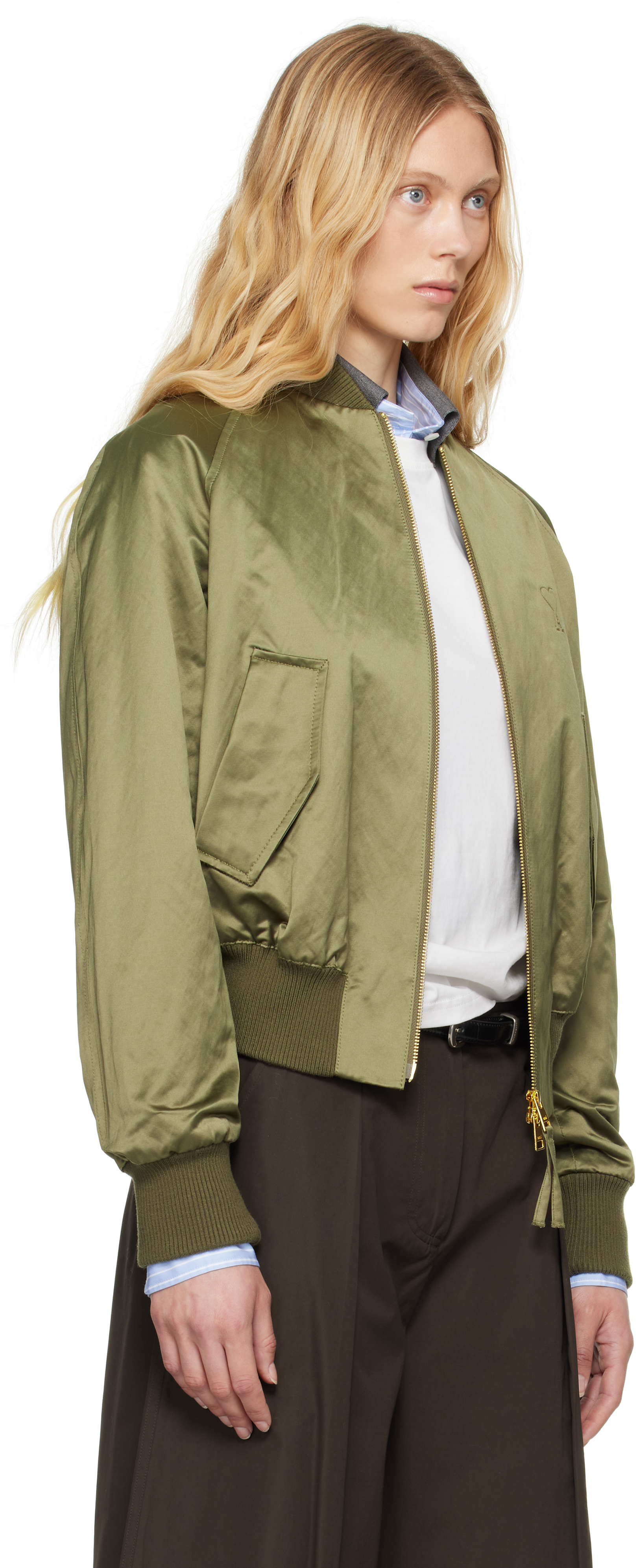 Ami Alexandre Mattiussi Green Cotton Satin Ami De Coeur Bomber Jacket In Loden/376