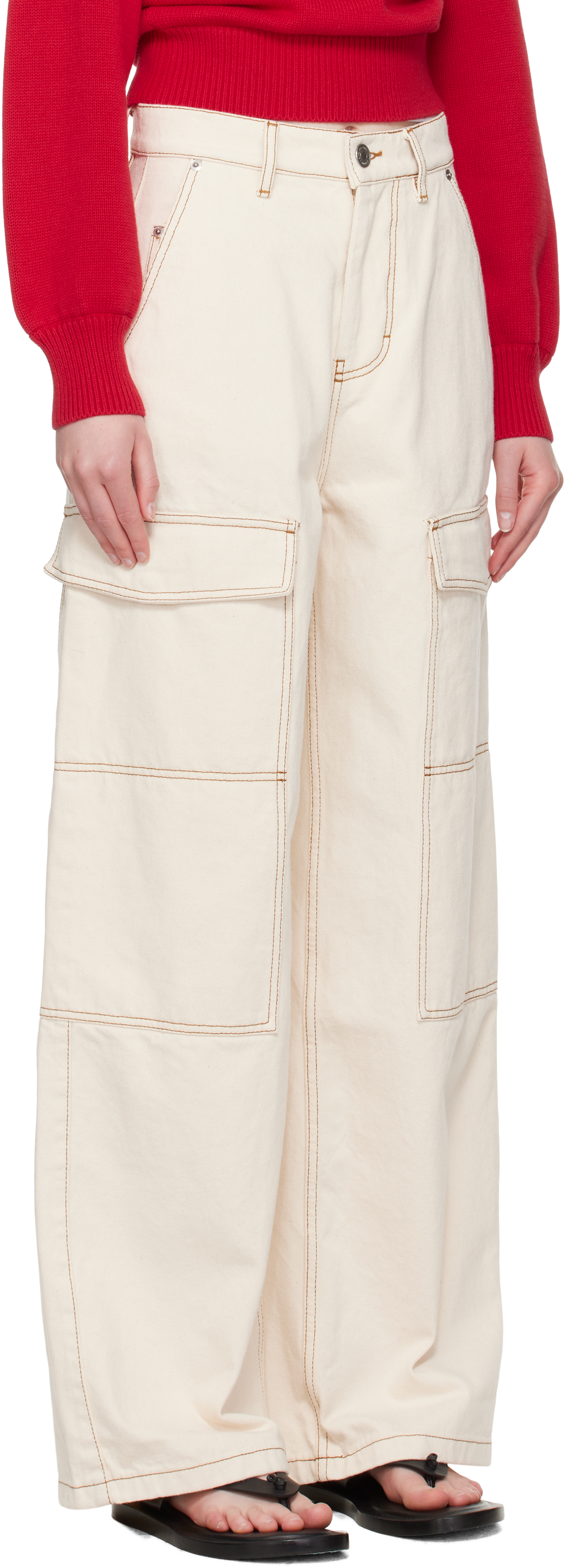 AMI ALEXANDRE MATTIUSSI BEIGE COTTON WIDE FIT DENIM CARGO PANTS