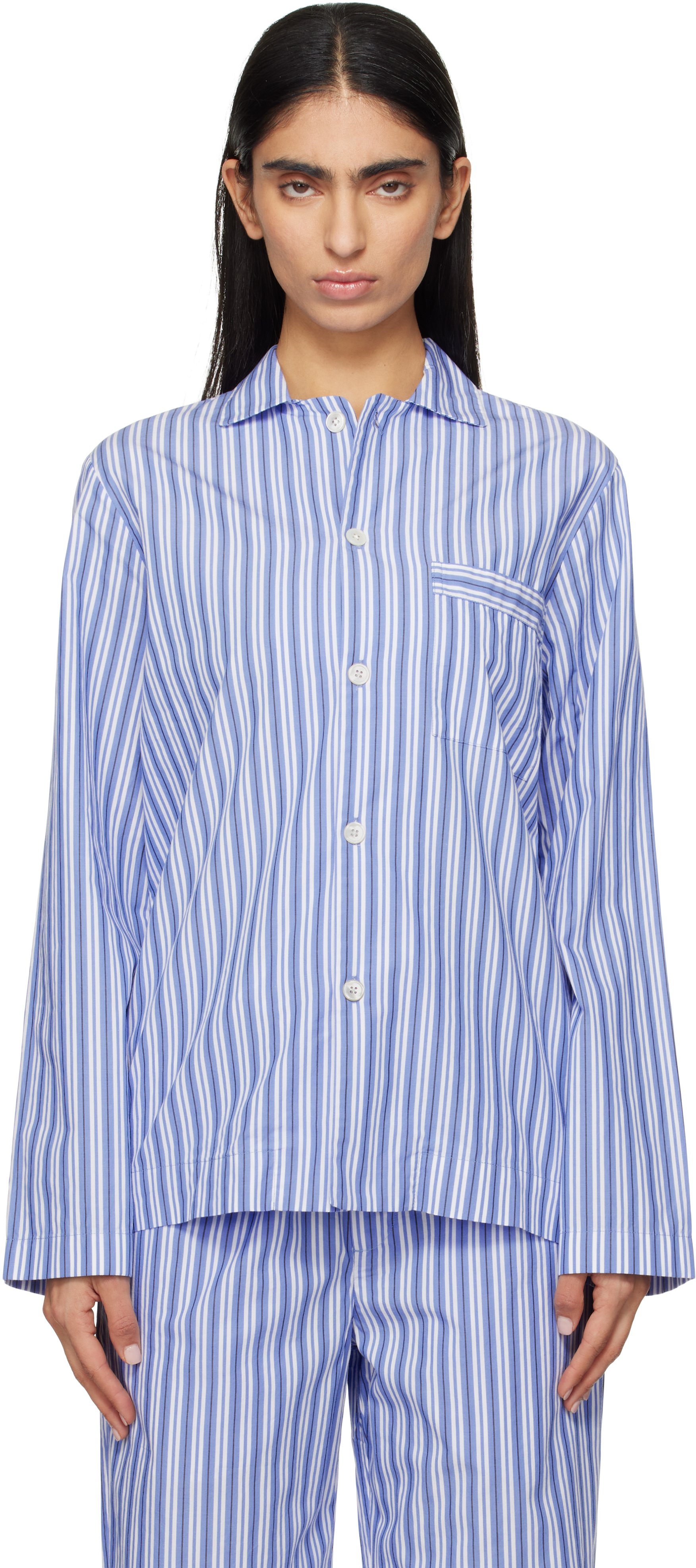 White & Blue Poplin Long-Sleeved Pyjama Shirt