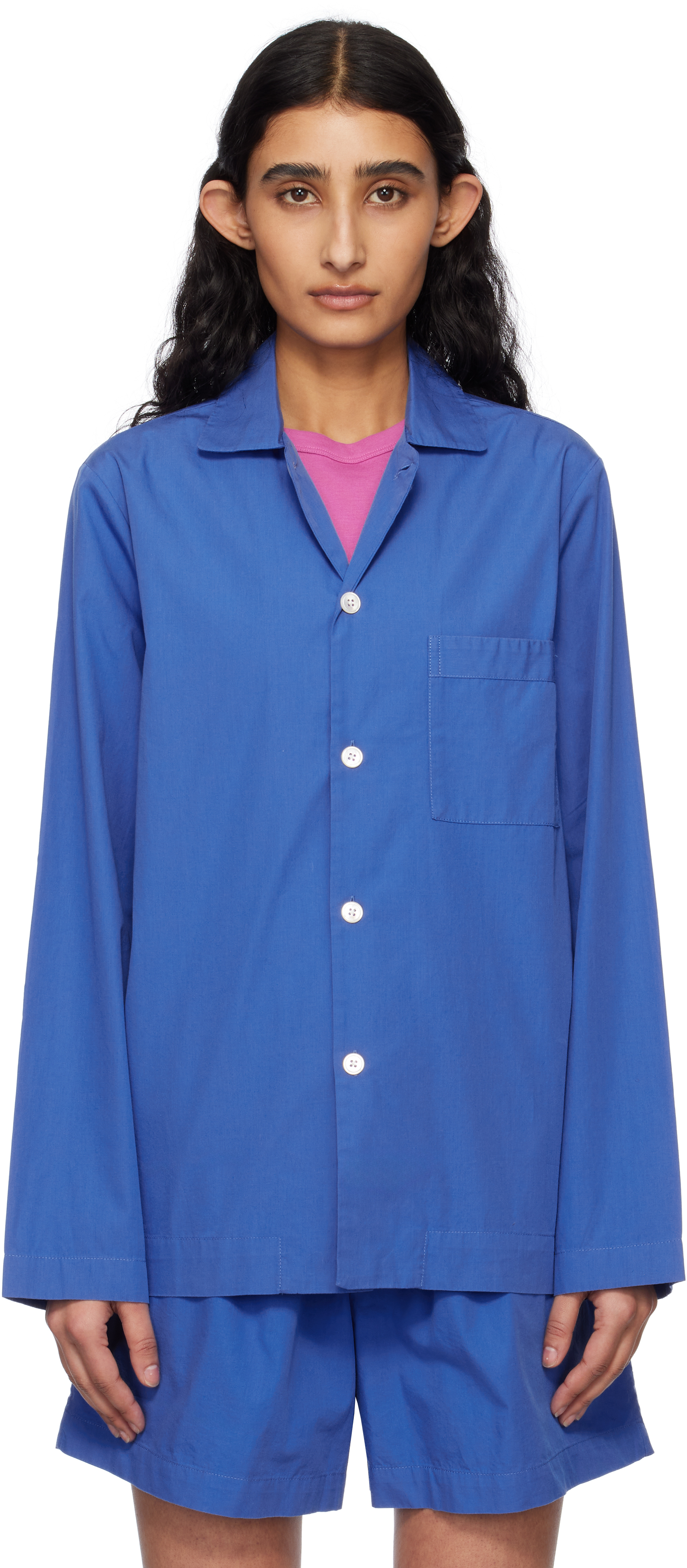 Blue Poplin Long-Sleeved Pyjama Shirt