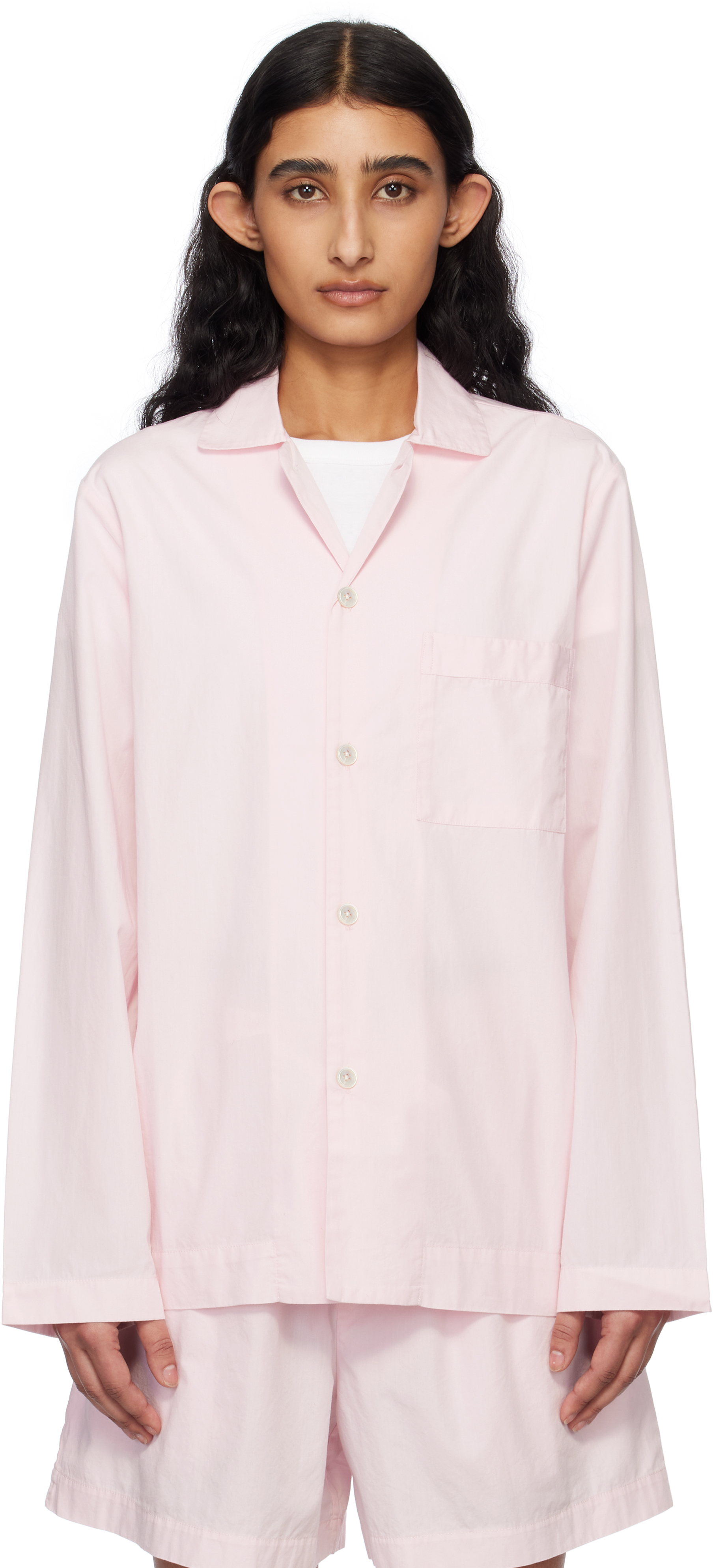 Tekla: Pink Poplin Long-Sleeved Pyjama Shirt | SSENSE