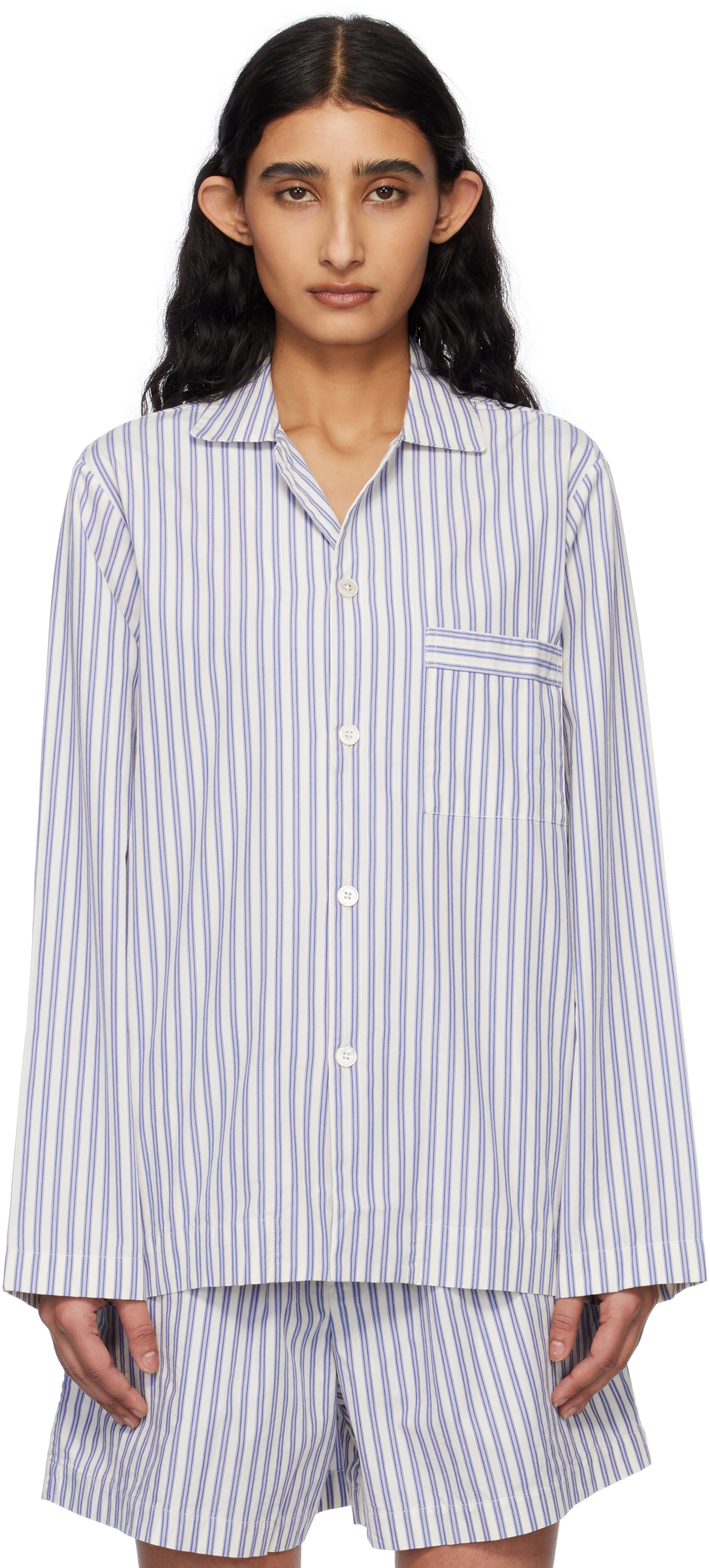 White & Blue Poplin Long-Sleeved Pyjama Shirt