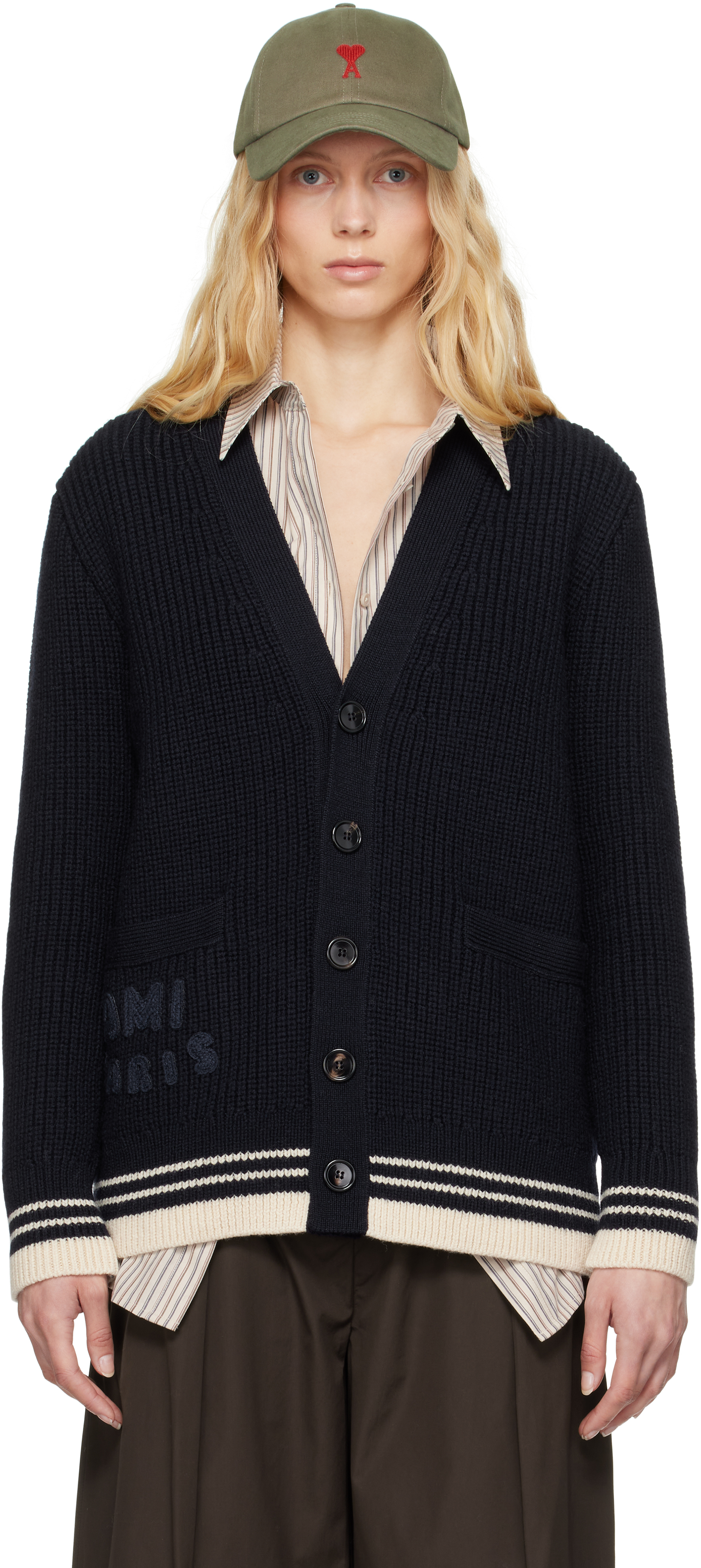 AMI ALEXANDRE MATTIUSSI NAVY WOOL RIBBED CARDIGAN