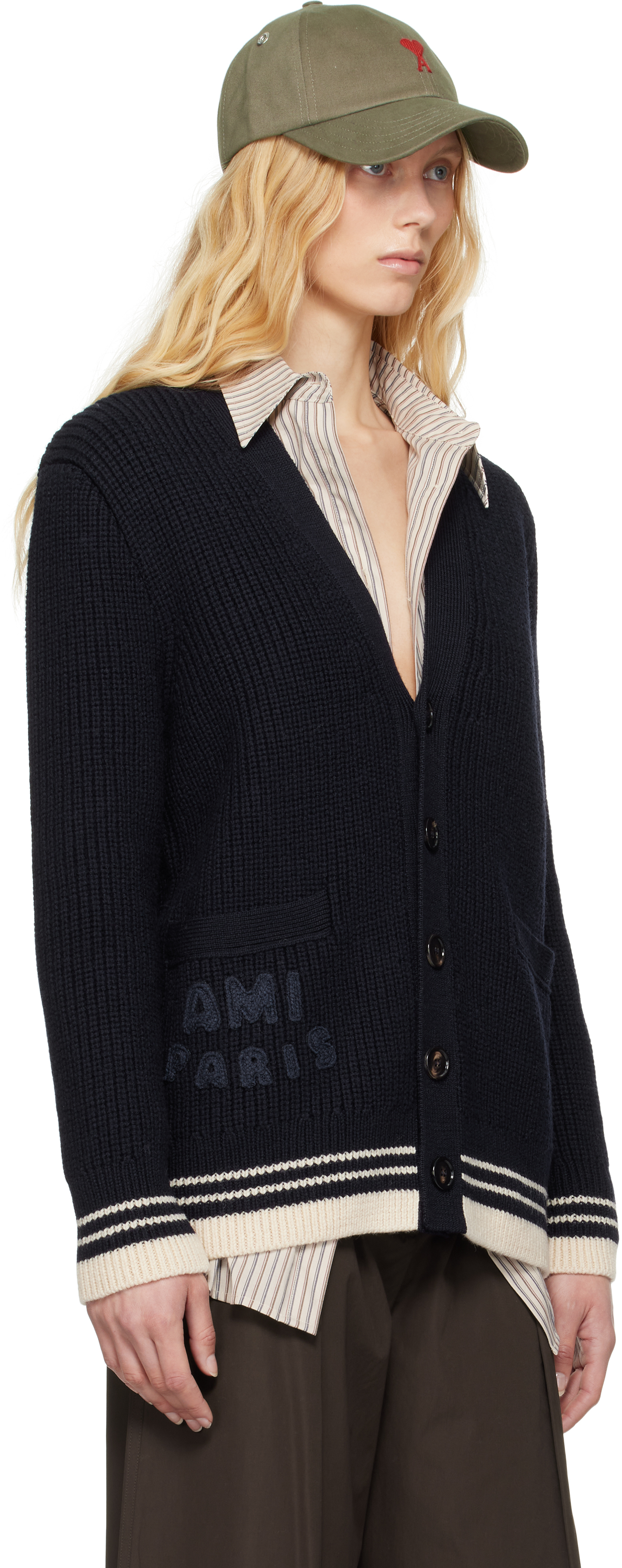 AMI ALEXANDRE MATTIUSSI NAVY WOOL RIBBED CARDIGAN