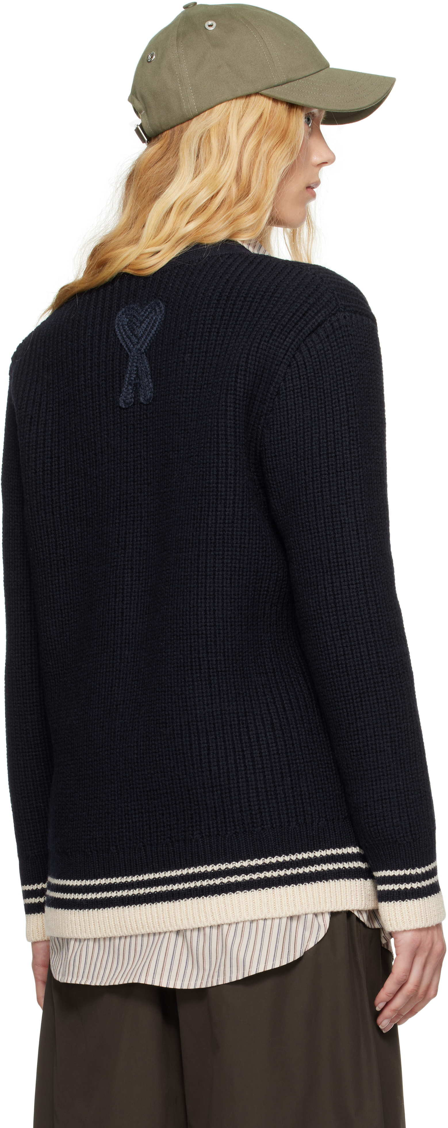 AMI ALEXANDRE MATTIUSSI NAVY WOOL RIBBED CARDIGAN
